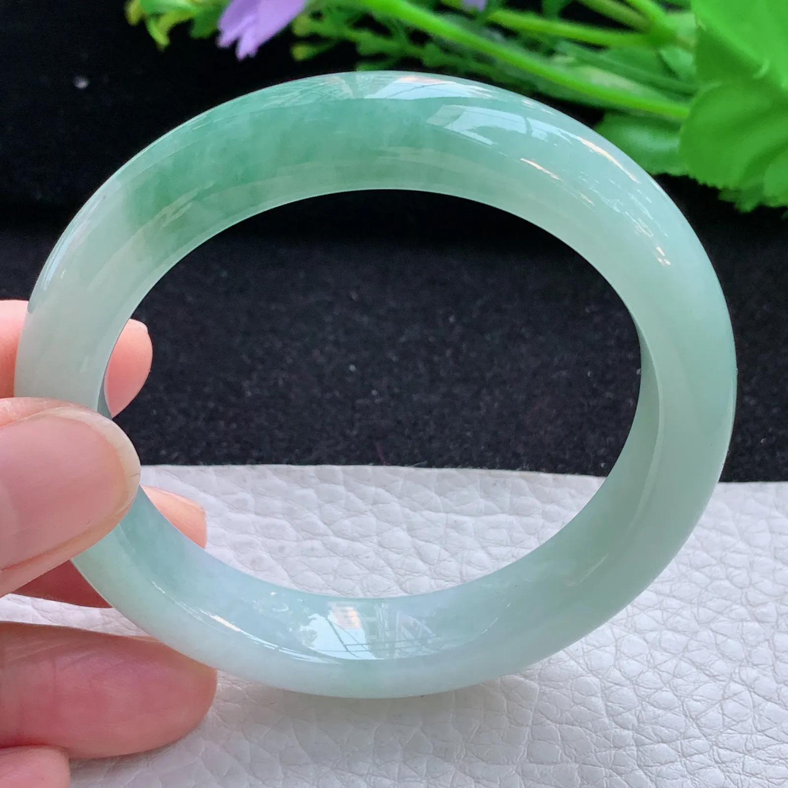 yh自然光54*12.3*9招财镯 缅甸翡翠a货玉手镯半山水秀气宽边玉手环 美人镯