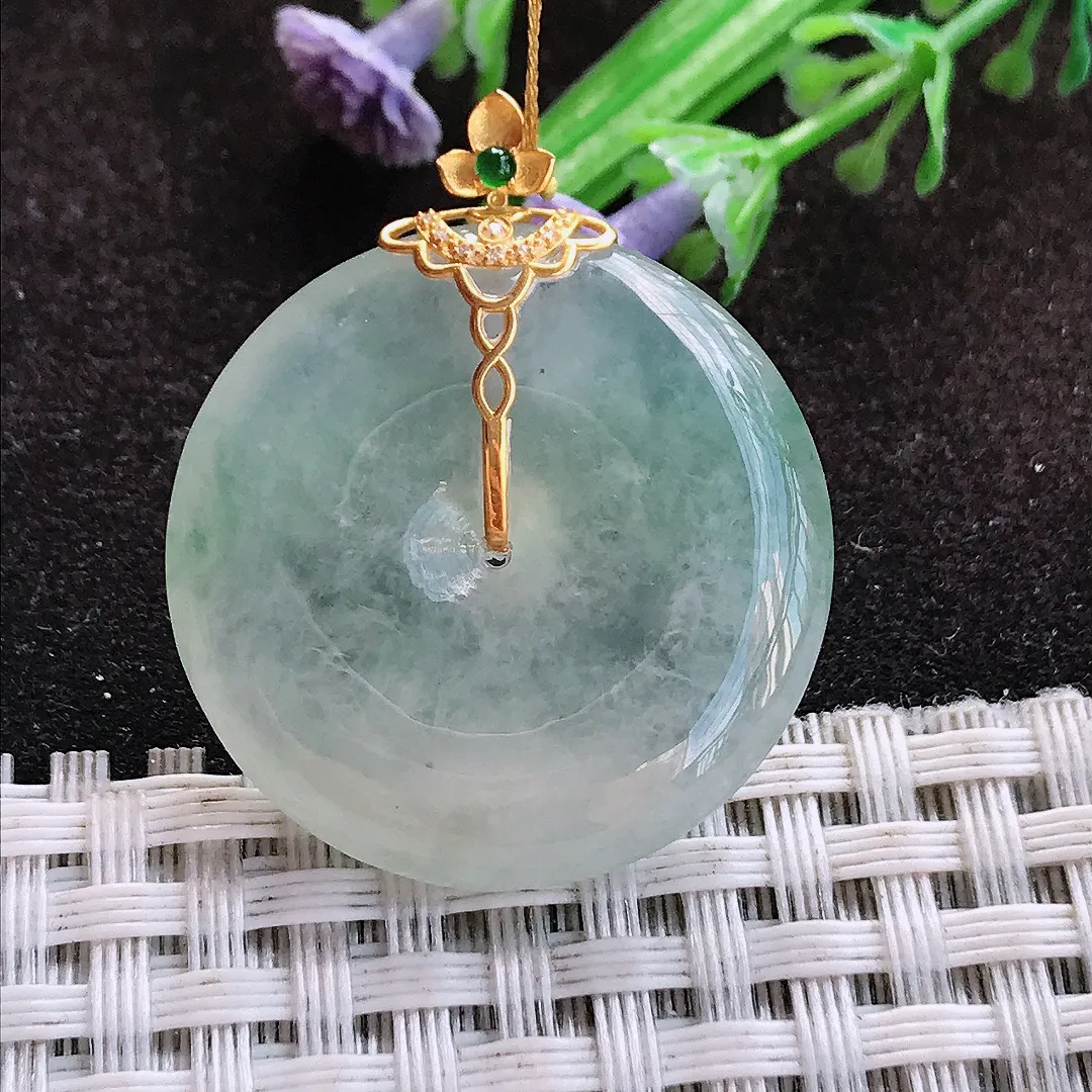 天然a货翡翠28.2/5.8老坑18k金镶嵌冰种平安扣吊坠翡翠玉扣挂件