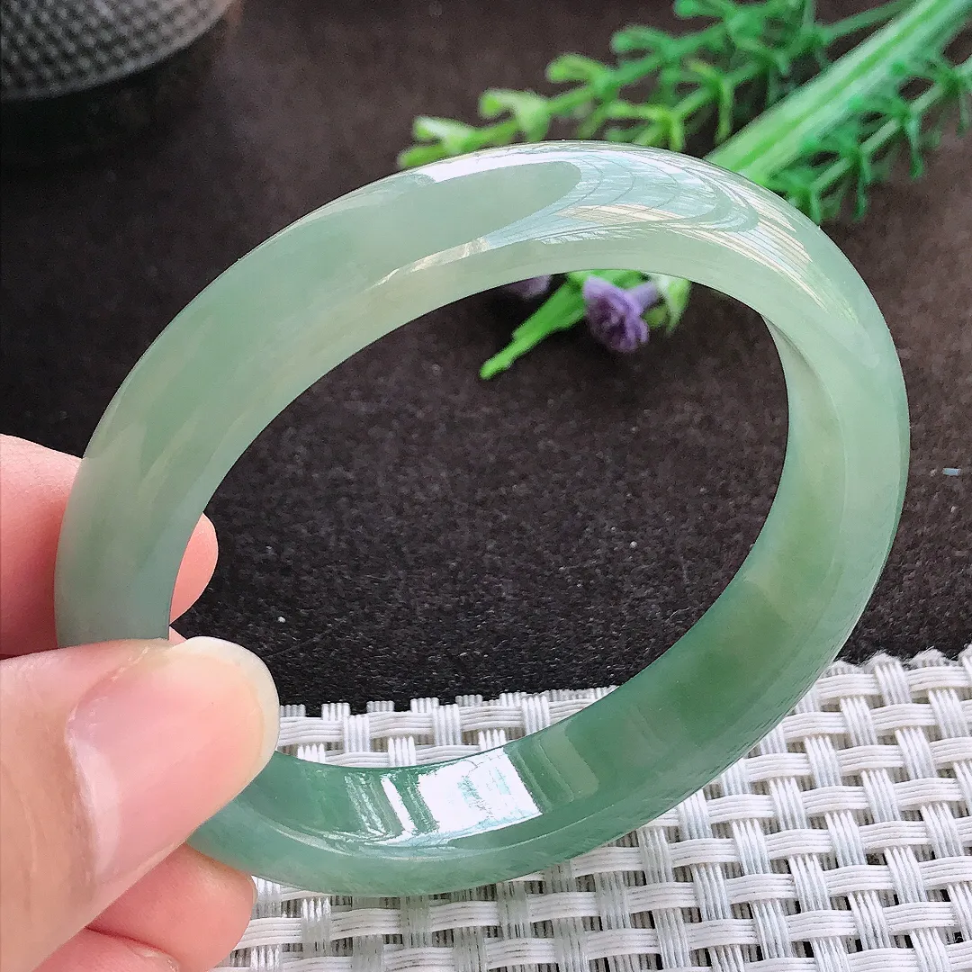 天然a货翡翠53.5/48/12/7.5老坑冰胶水灵满色油绿贵妃手镯玉手镯