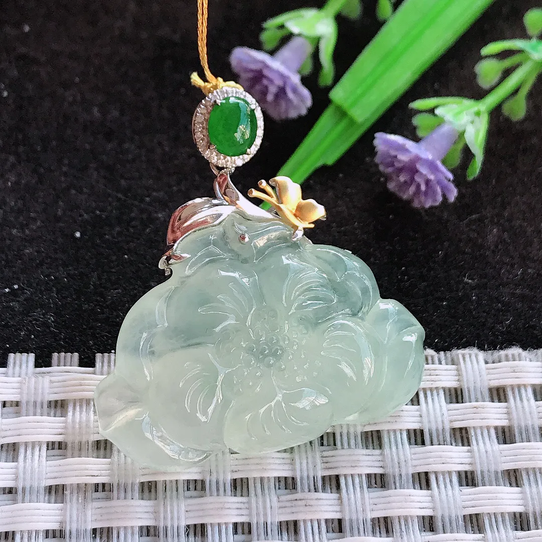 天然a货翡翠21/31/6.1老坑18k金镶嵌冰晴绿莲花吊坠翡翠玉挂件