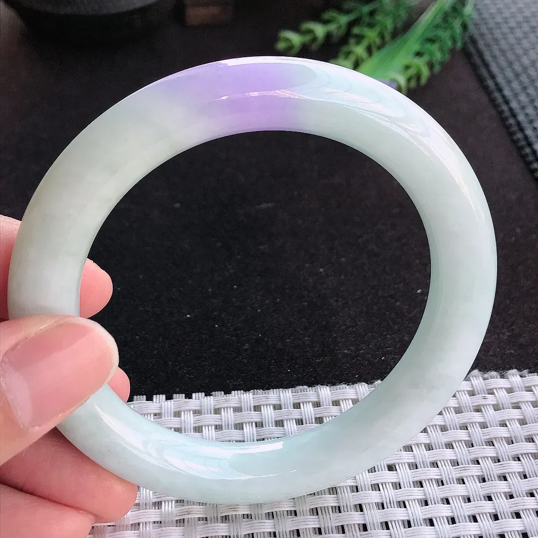 天然a货翡翠60/10.7/11老坑精美温润大圈口紫罗兰圆条手镯玉手镯
