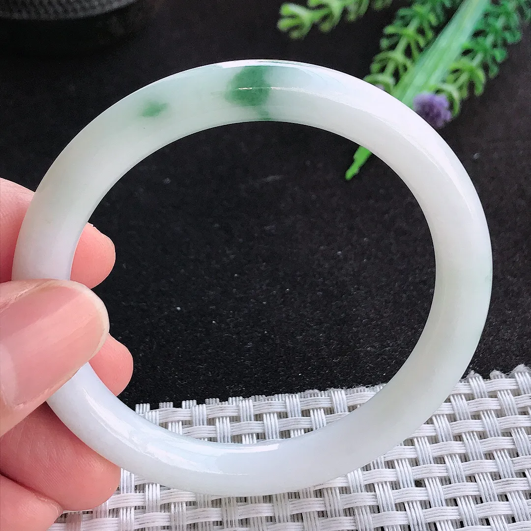 天然a货翡翠54.5/7.9/8.5老坑温润飘花圆条手镯玉手镯