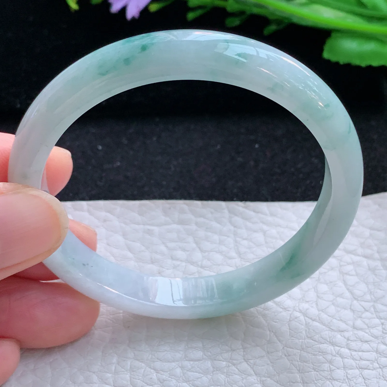 js小圈口52*9*6.2平安镯 缅甸翡翠a货玉手镯冰飘花秀气宽边玉手环