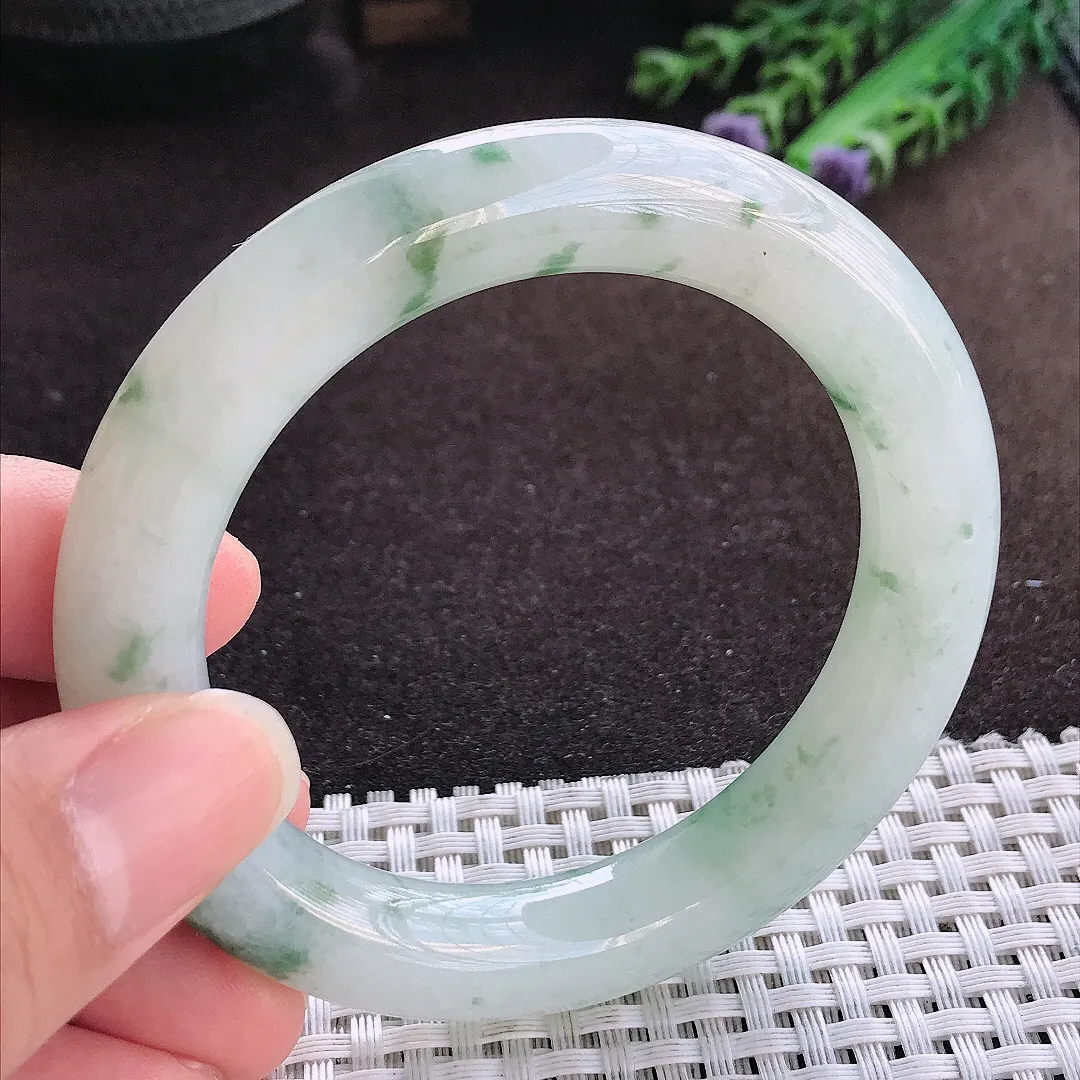 天然a货翡翠54/10.6老坑冰润起胶飘花胖圆条手镯玉手镯