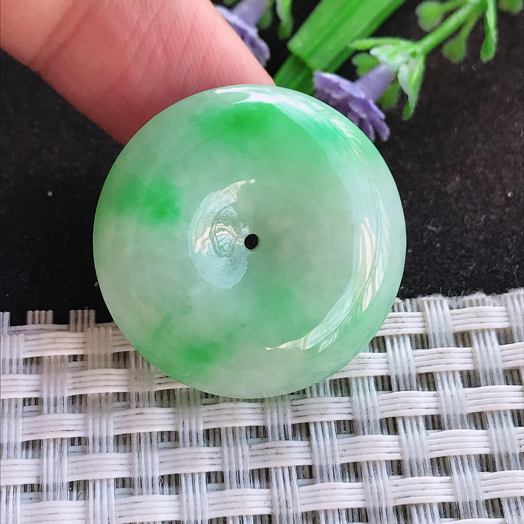 天然a货翡翠29/7.2老坑18k金镶嵌精美飘阳绿平安扣吊坠翡翠玉挂件