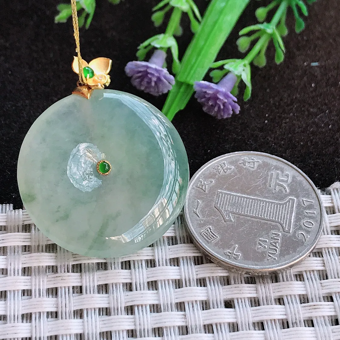 天然a货翡翠32.3/4.7老坑18k金镶嵌冰胶冰晴平安扣吊坠翡翠玉挂件
