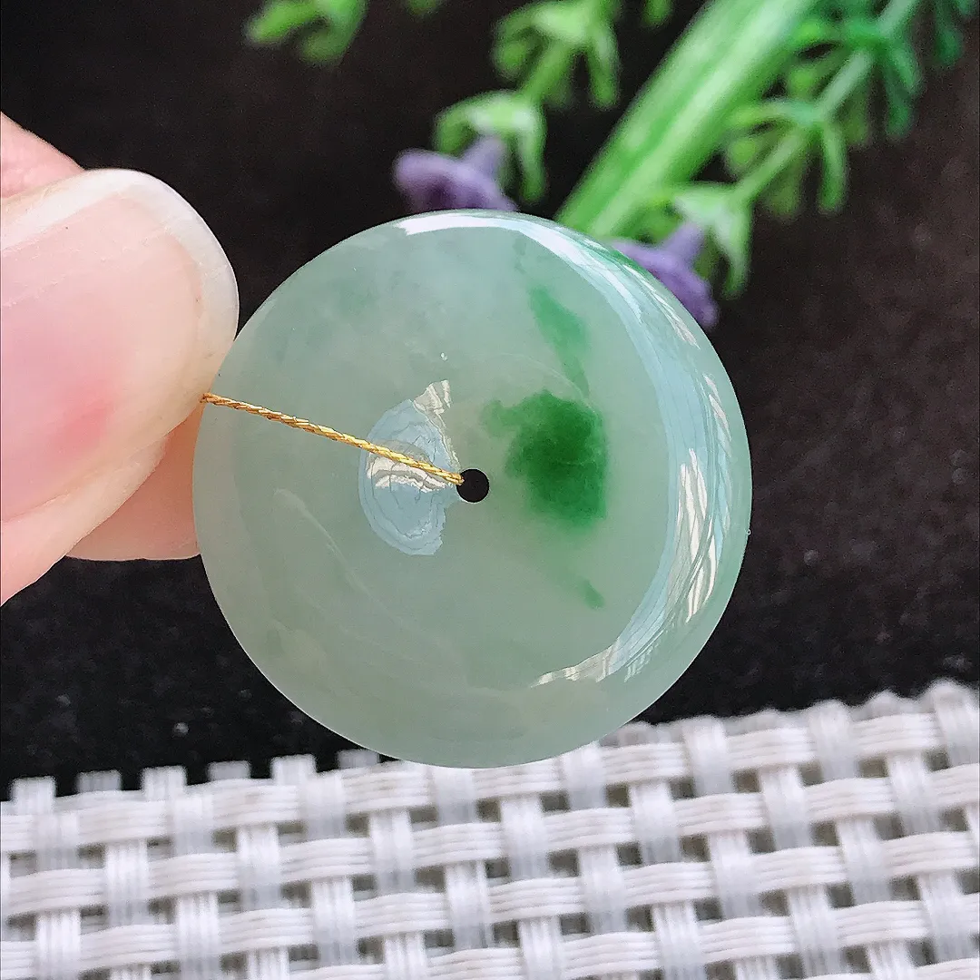 天然a货翡翠26.5/6.3老坑冰润起胶飘绿平安扣吊坠翡翠玉挂件