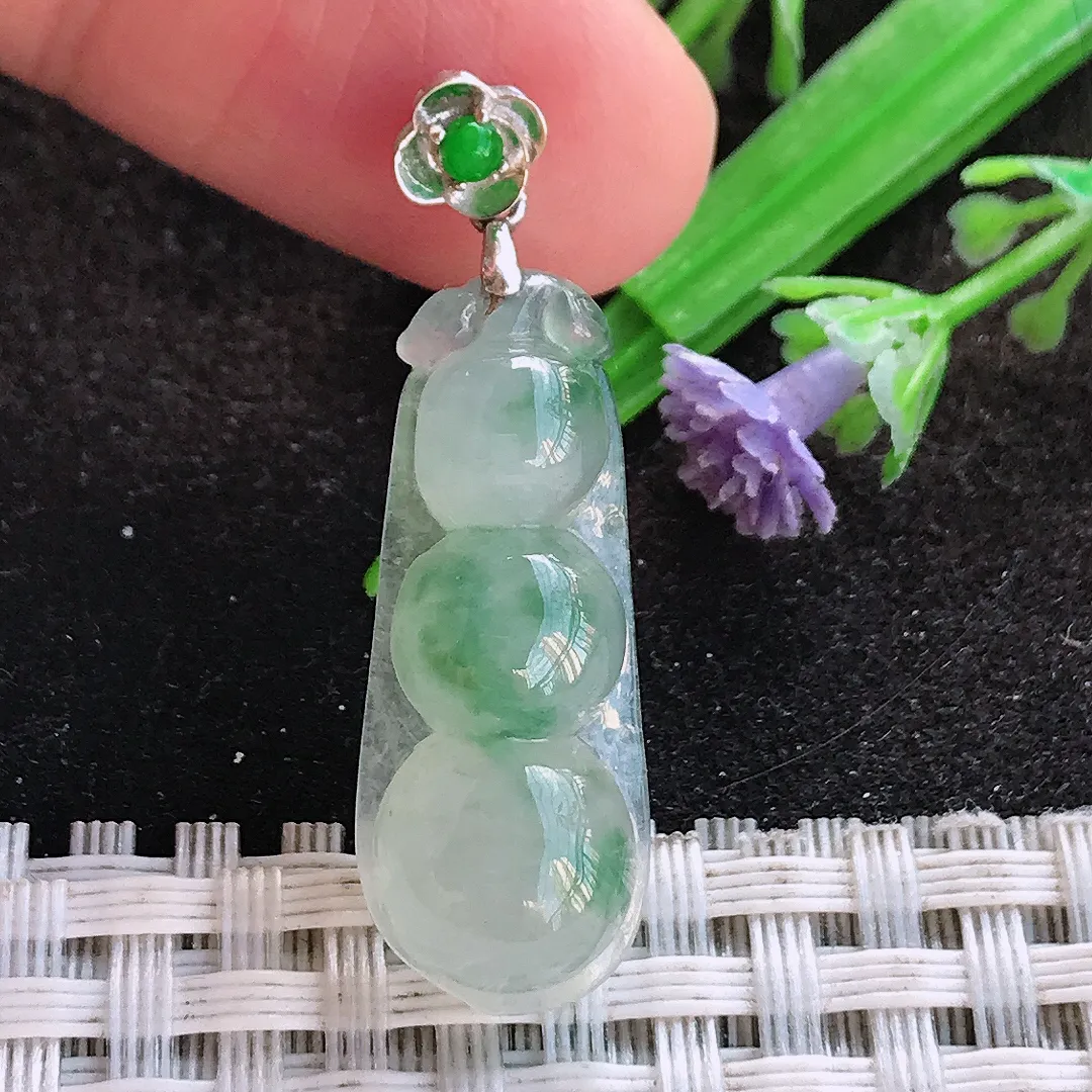 天然a货翡翠28.2/11/6.5老坑18k金镶嵌冰胶飘花四季豆吊坠翡翠玉挂件