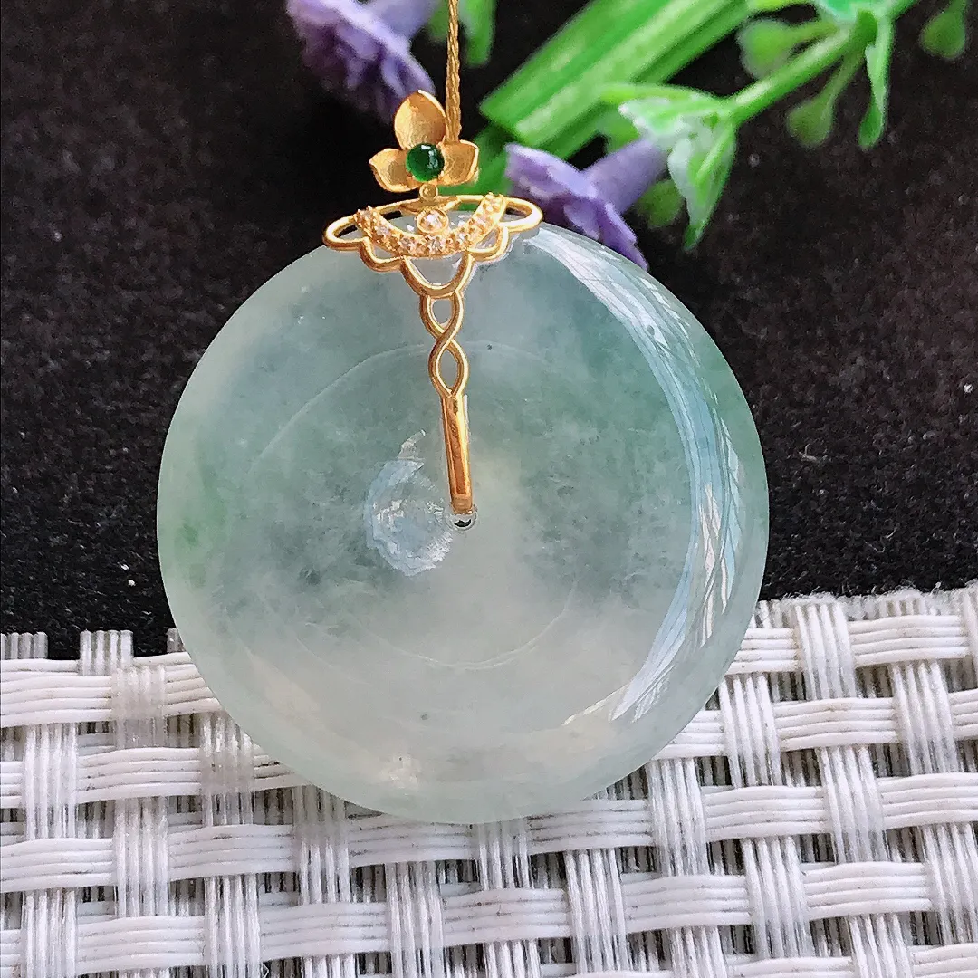 天然a货翡翠28.2/5.8老坑18k金镶嵌冰种平安扣吊坠翡翠玉扣挂件