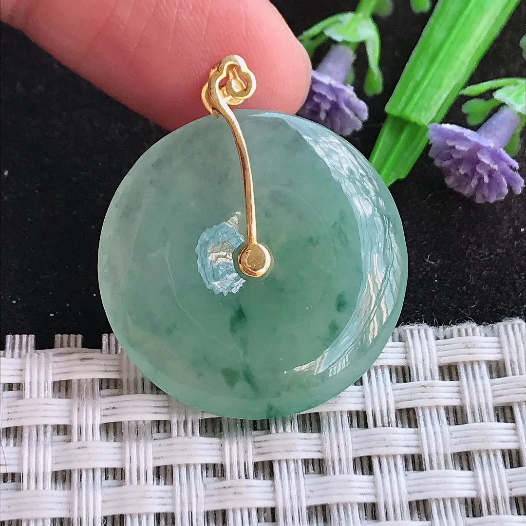 天然a货翡翠26/4.3老坑18k金镶嵌冰胶飘花平安扣吊坠翡翠玉挂件