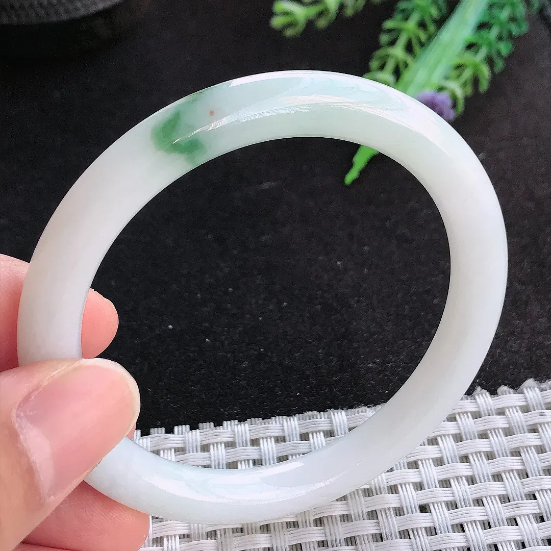 天然a货翡翠54.5/7.9/8.5老坑温润飘花圆条手镯玉手镯