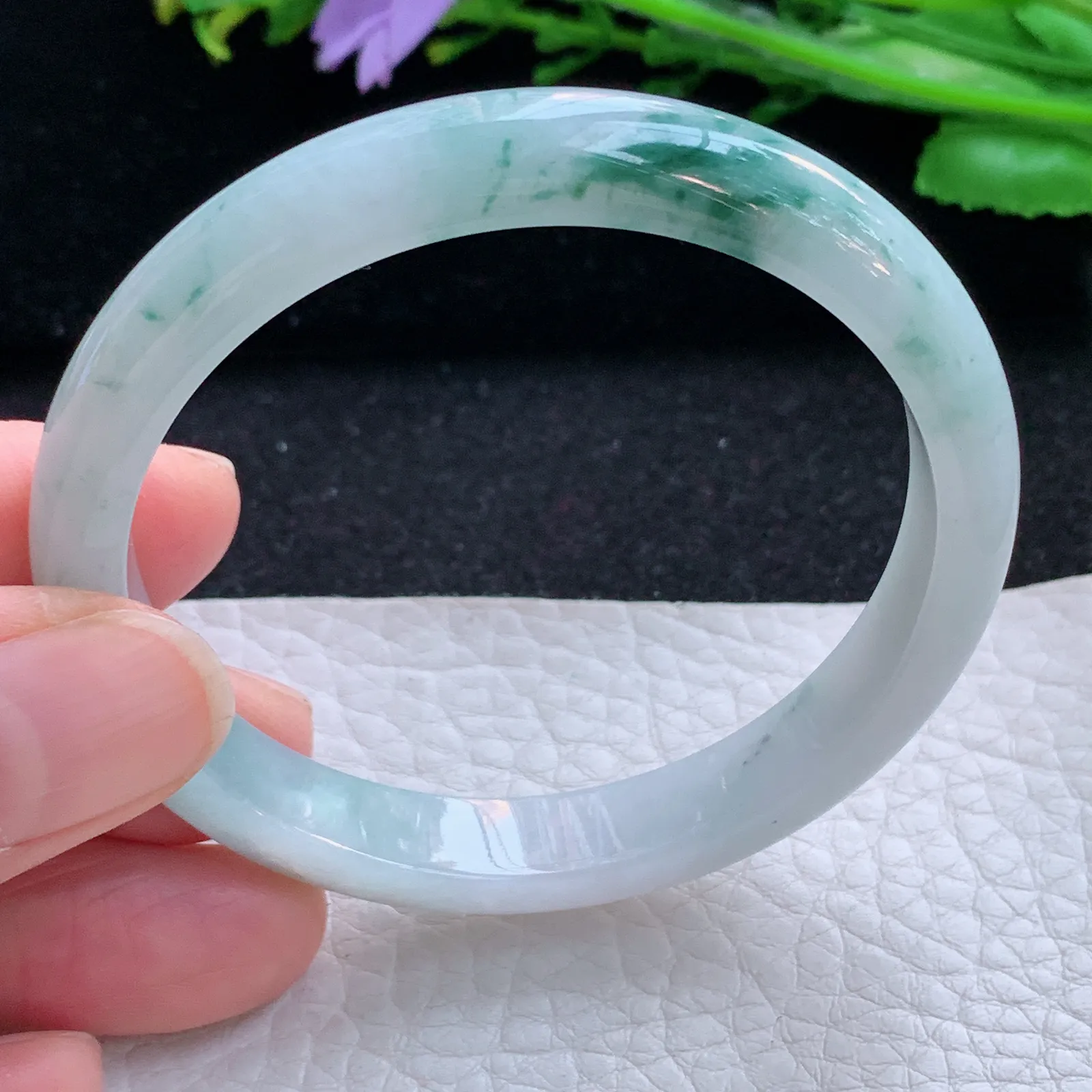 js小圈口52*9*6.2平安镯 缅甸翡翠a货玉手镯冰飘花秀气宽边玉手环