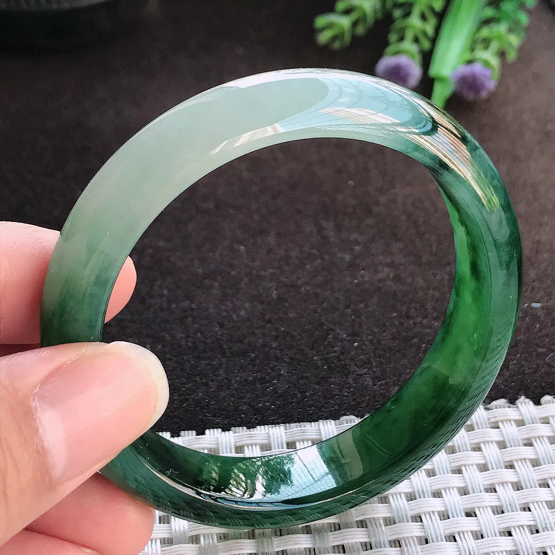 天然a货翡翠53.5/13/7.3老坑冰胶果冻飘花手镯宽边玉手镯