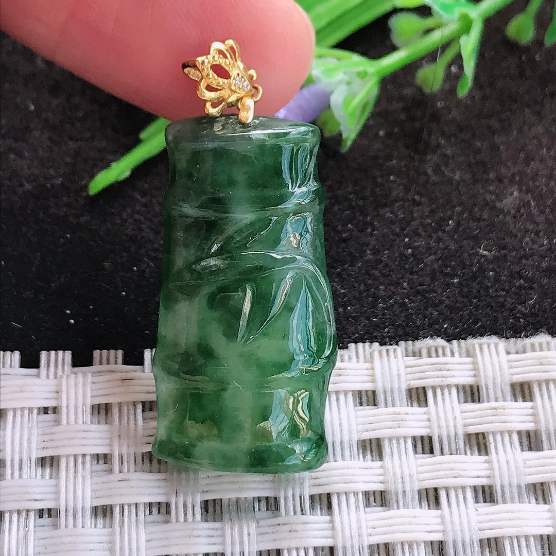 天然a货翡翠26.6/13.8/5.4老坑18k金镶嵌冰胶飘花竹节吊坠翡翠玉挂件