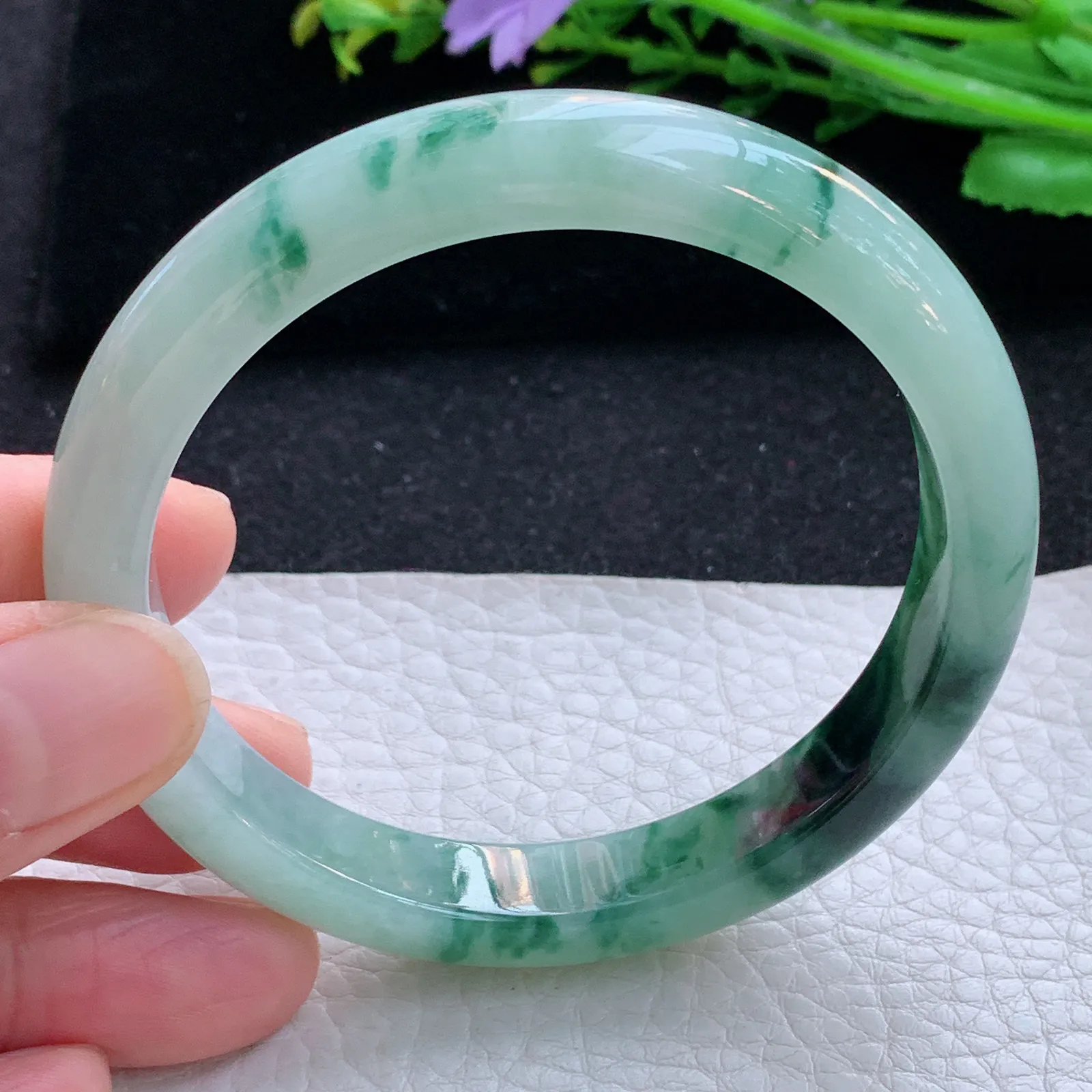 hy自然光58*10.3*7.8平安镯 缅甸翡翠a货玉手镯冰飘花秀气宽边玉手环