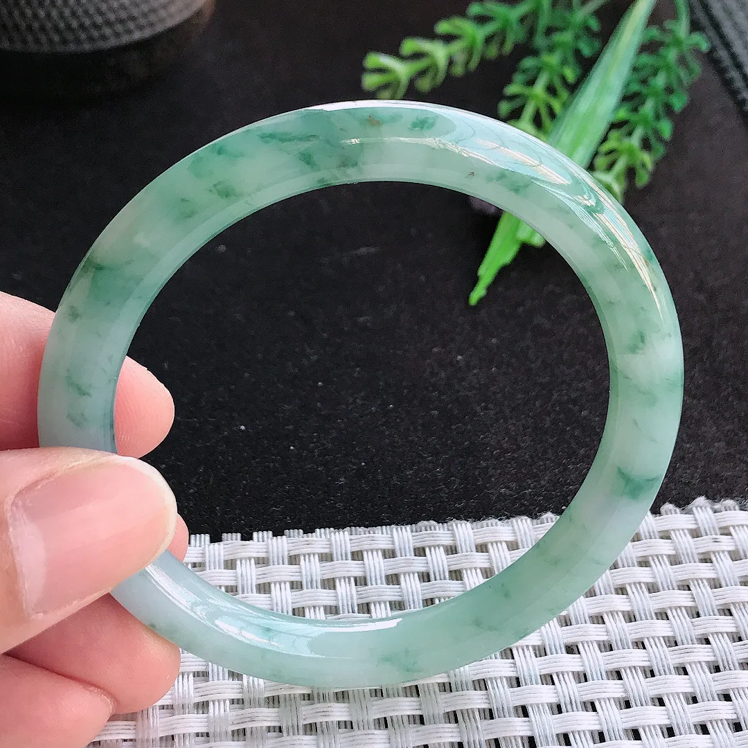 天然a货翡翠54.5/7.4/8老坑冰润起胶飘花圆条手镯玉手镯