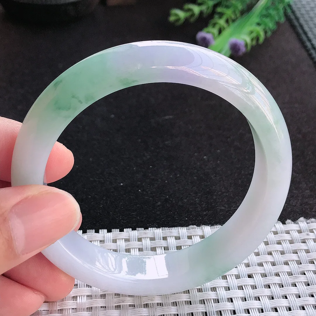 天然a货翡翠58.5/13.1/8.7老坑冰胶春带彩飘花手镯宽边玉手镯