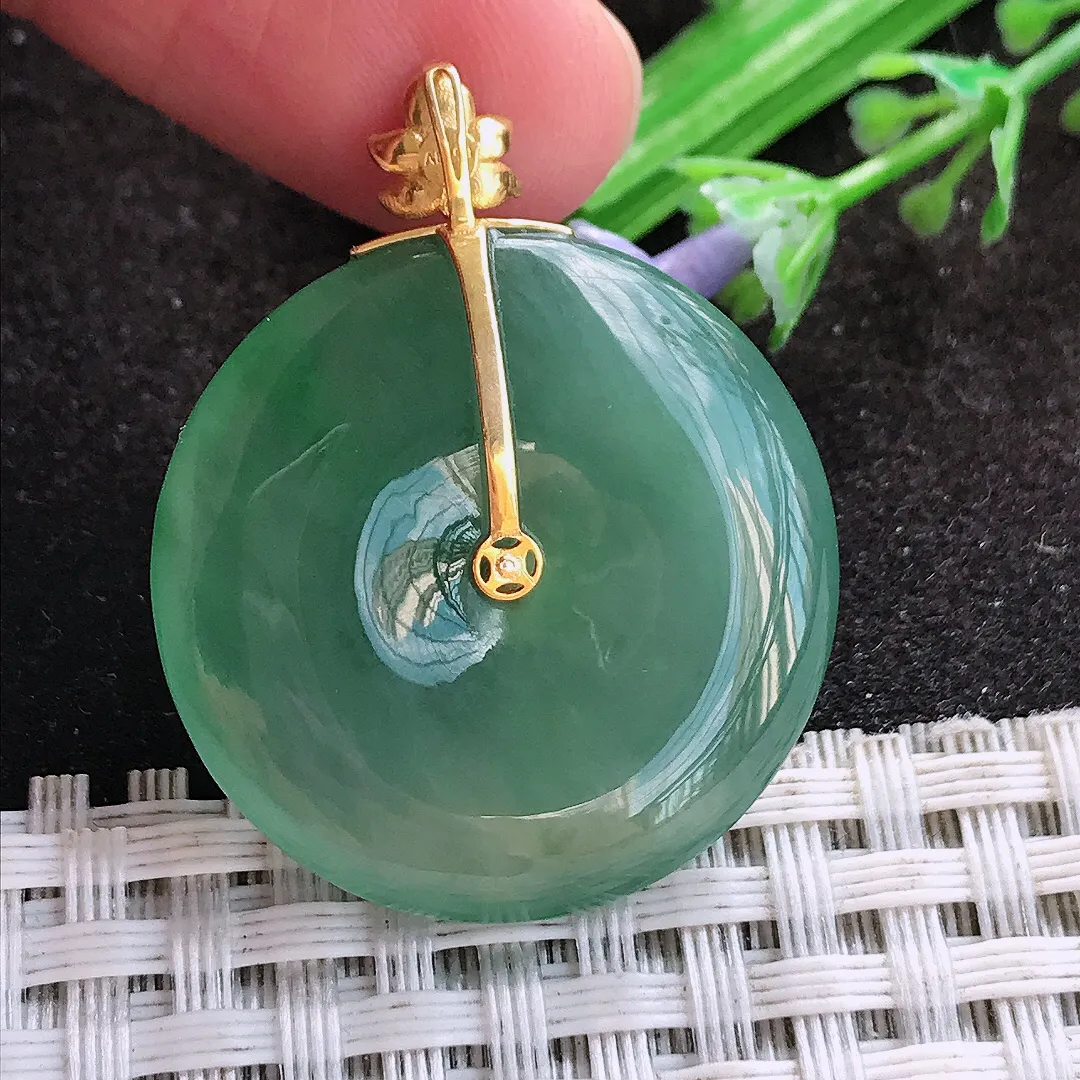天然a货翡翠27.9/5.4老坑18k金镶嵌冰胶果冻冰晴满绿平安扣吊坠翡翠玉挂件