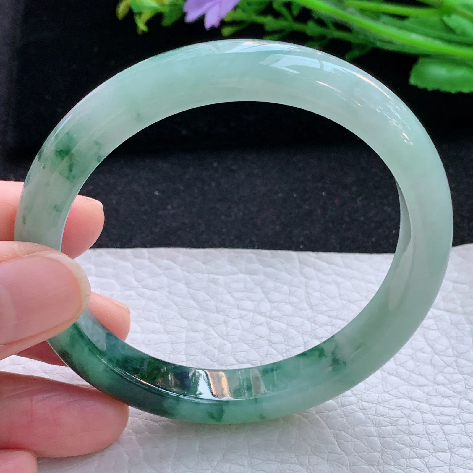 hy自然光58*10.3*7.8平安镯 缅甸翡翠a货玉手镯冰飘花秀气宽边玉手环