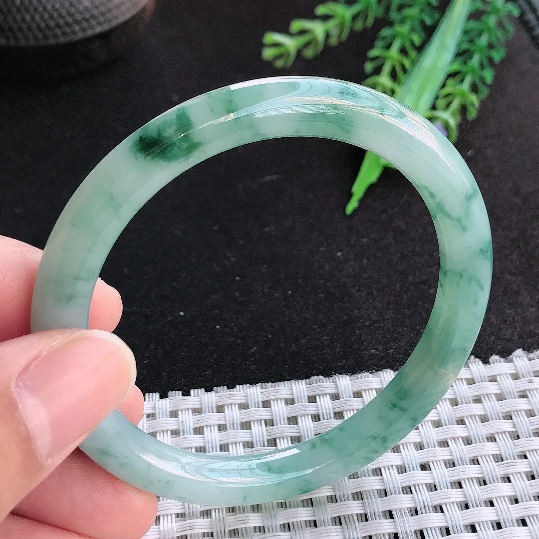 天然a货翡翠54.5/7.4/8老坑冰润起胶飘花圆条手镯玉手镯