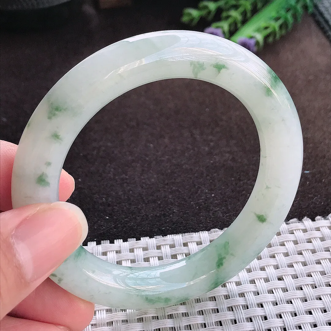天然a货翡翠54/10.6老坑冰润起胶飘花胖圆条手镯玉手镯
