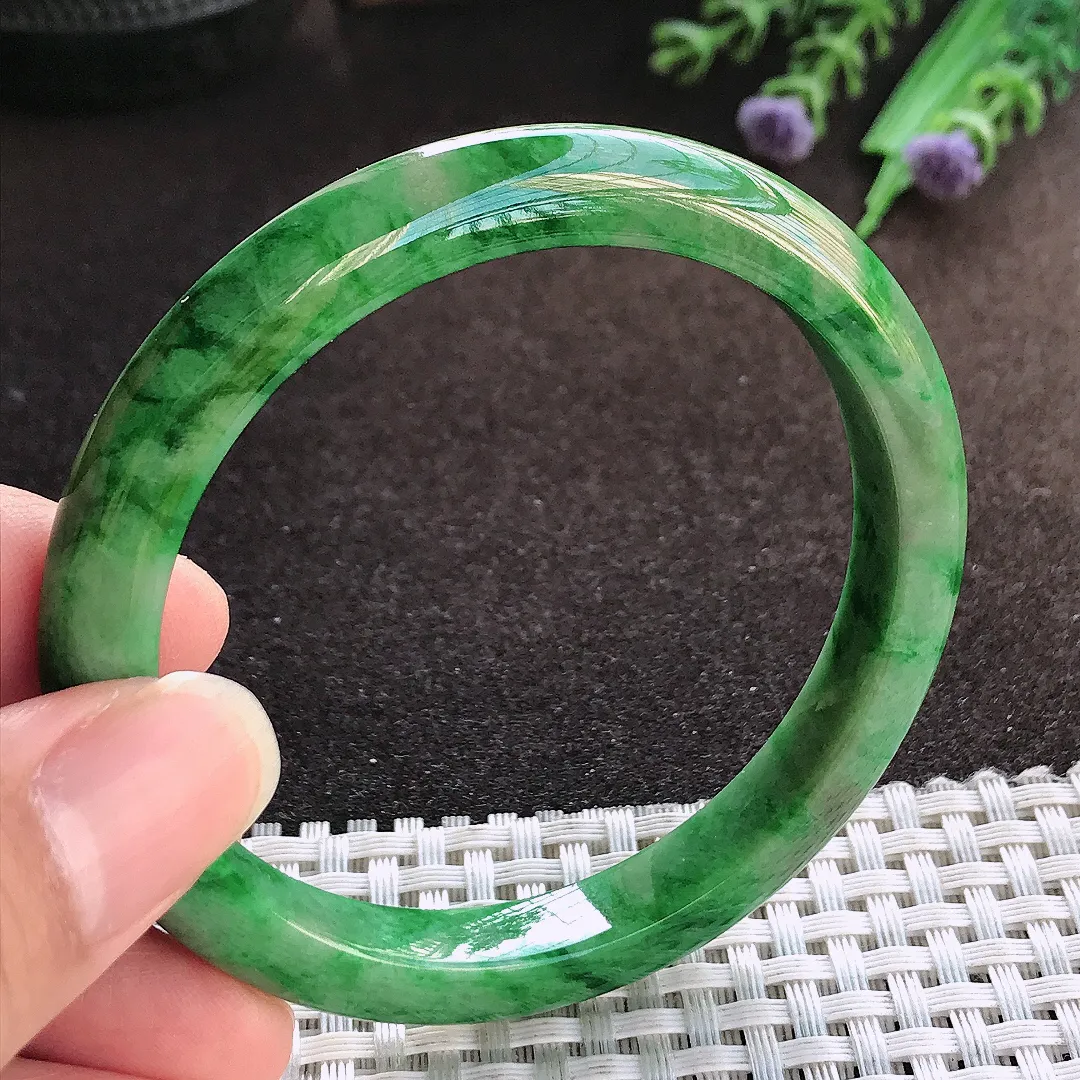 天然a货翡翠56/8.8/7.6老坑精美辣阳绿满绿手镯宽边玉手镯