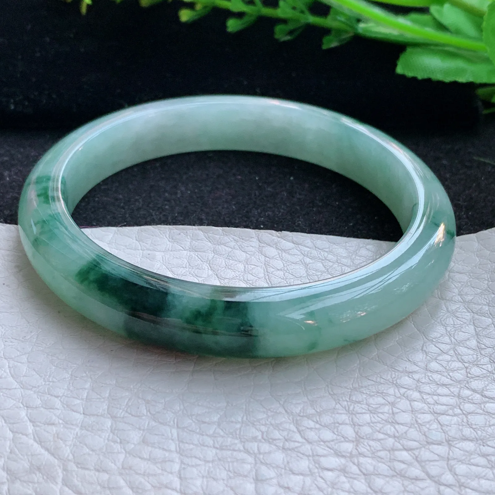 hy自然光58*10.3*7.8平安镯 缅甸翡翠a货玉手镯冰飘花秀气宽边玉手环