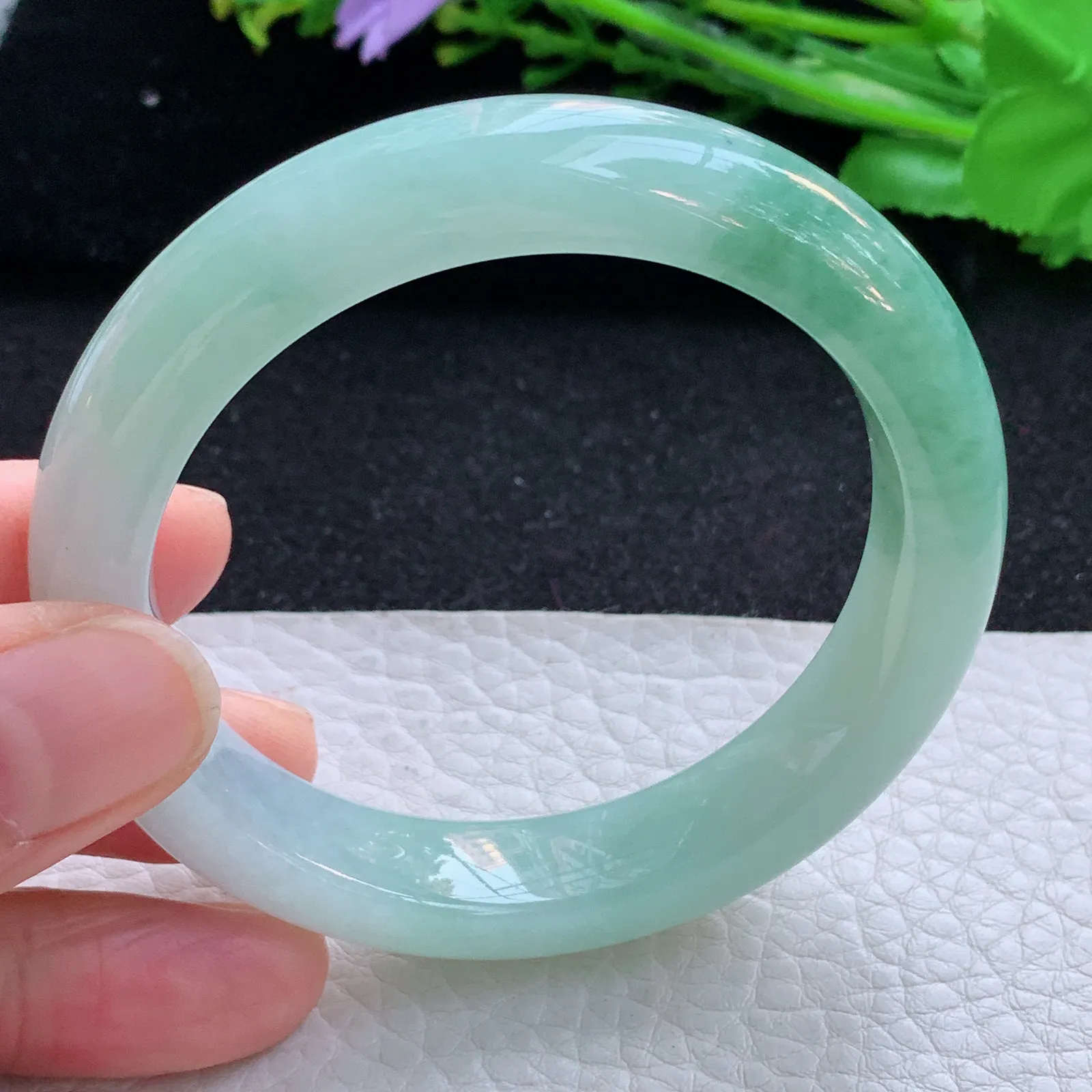 yh自然光54*12.3*9招财镯 缅甸翡翠a货玉手镯半山水秀气宽边玉手环 美人镯