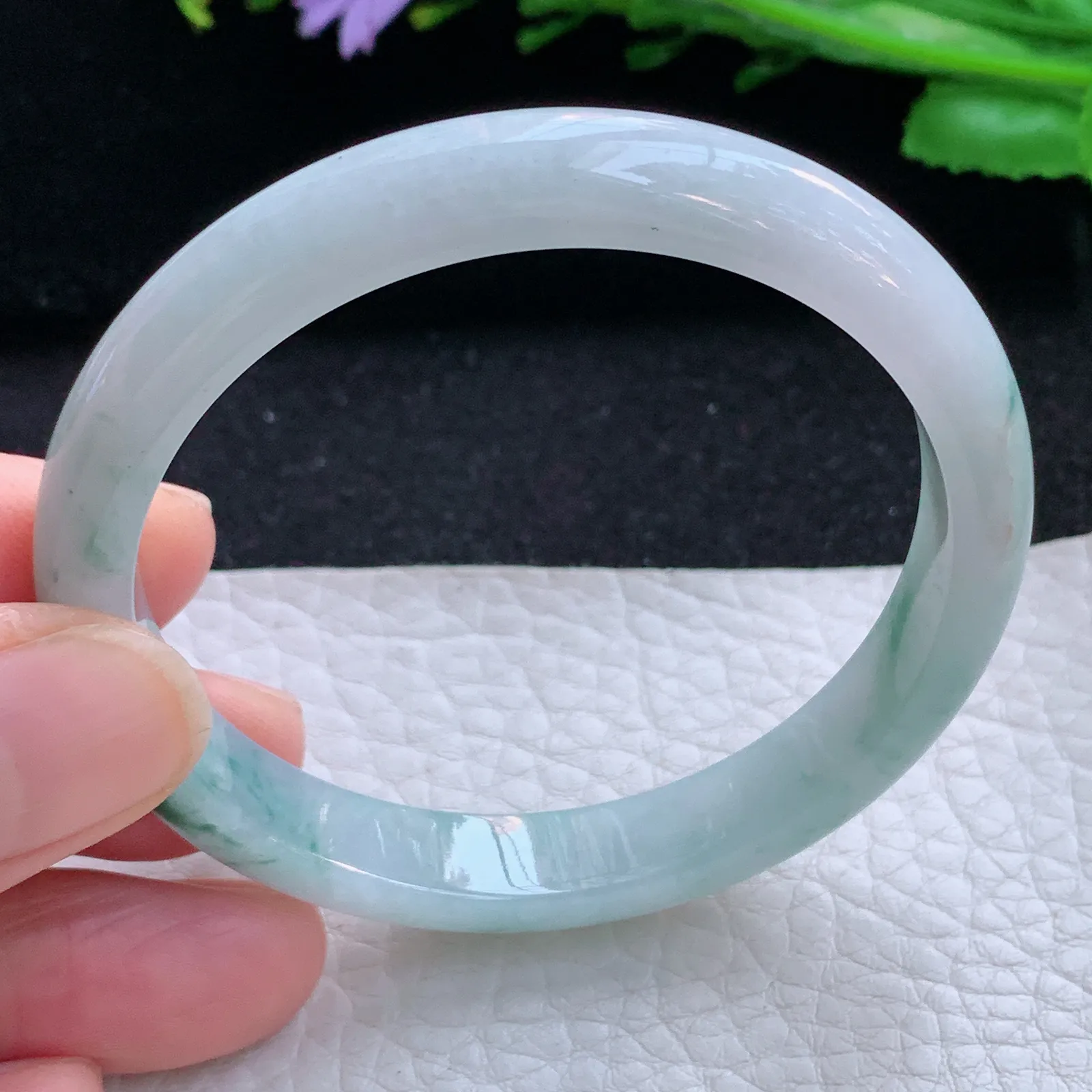 js小圈口52*9*6.2平安镯 缅甸翡翠a货玉手镯冰飘花秀气宽边玉手环