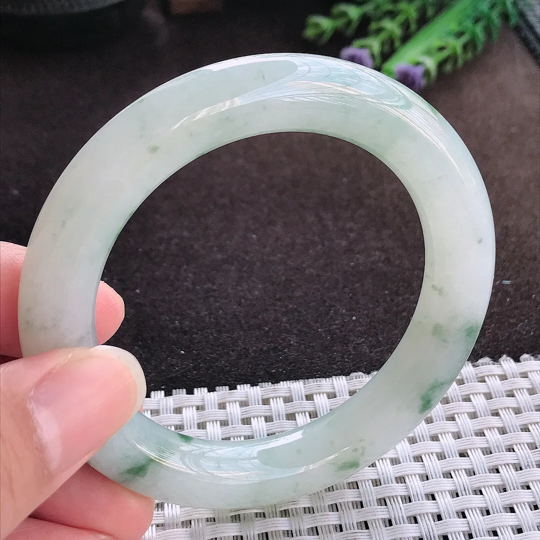 天然a货翡翠54/10.6老坑冰润起胶飘花胖圆条手镯玉手镯