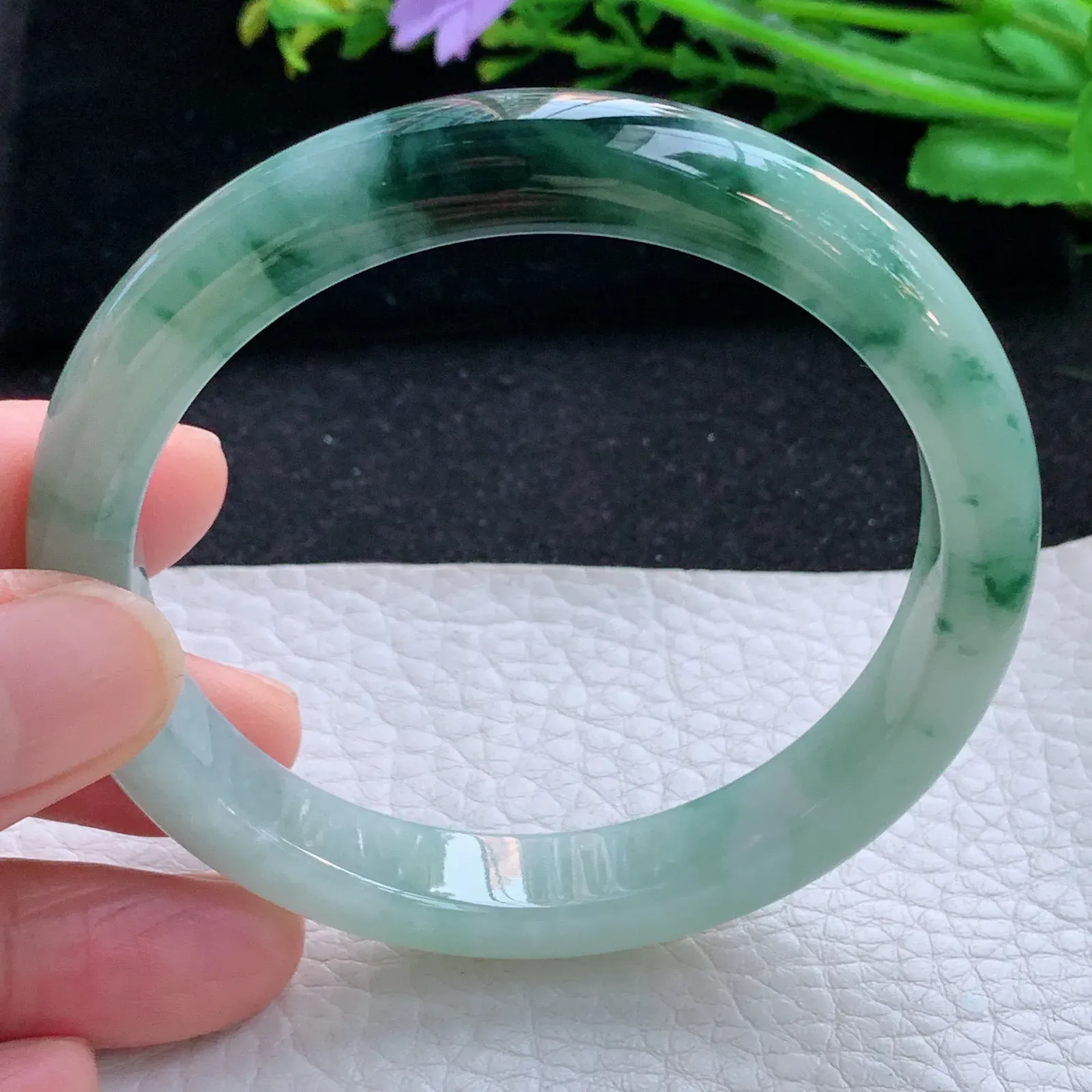hy自然光58*10.3*7.8平安镯 缅甸翡翠a货玉手镯冰飘花秀气宽边玉手环