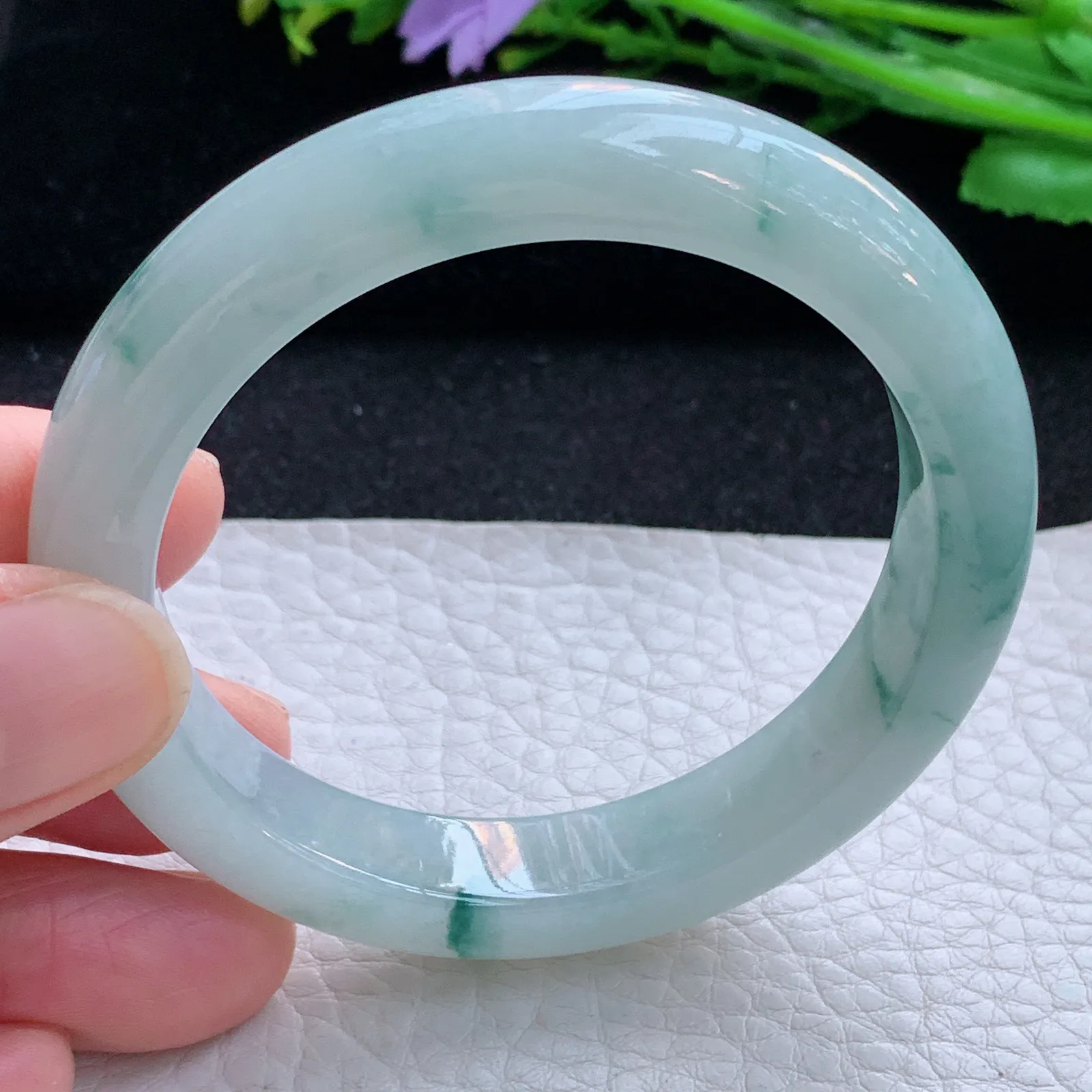 js小圈口52*10.8*8.2平安镯 缅甸翡翠a货玉手镯冰飘花宽边玉手环