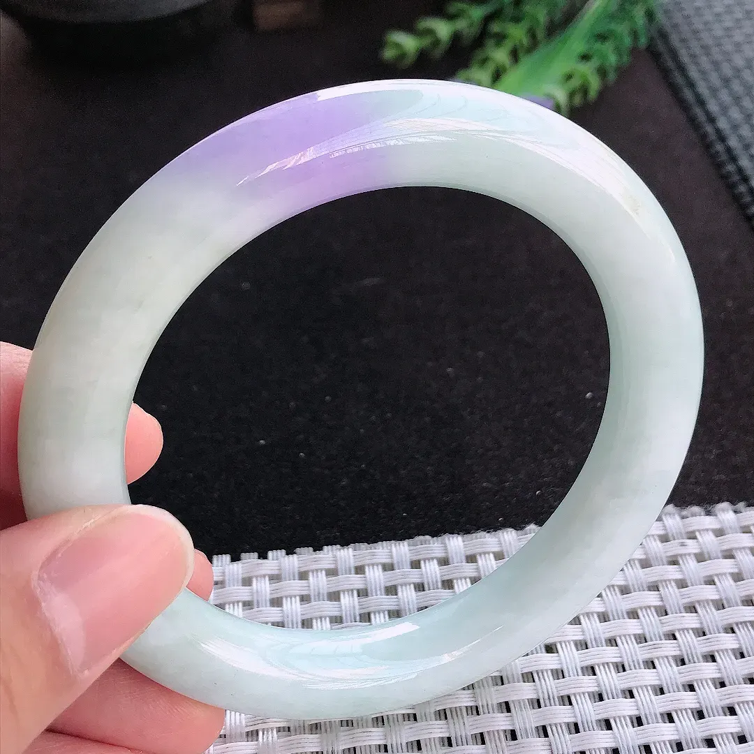 天然a货翡翠60/10.7/11老坑精美温润大圈口紫罗兰圆条手镯玉手镯