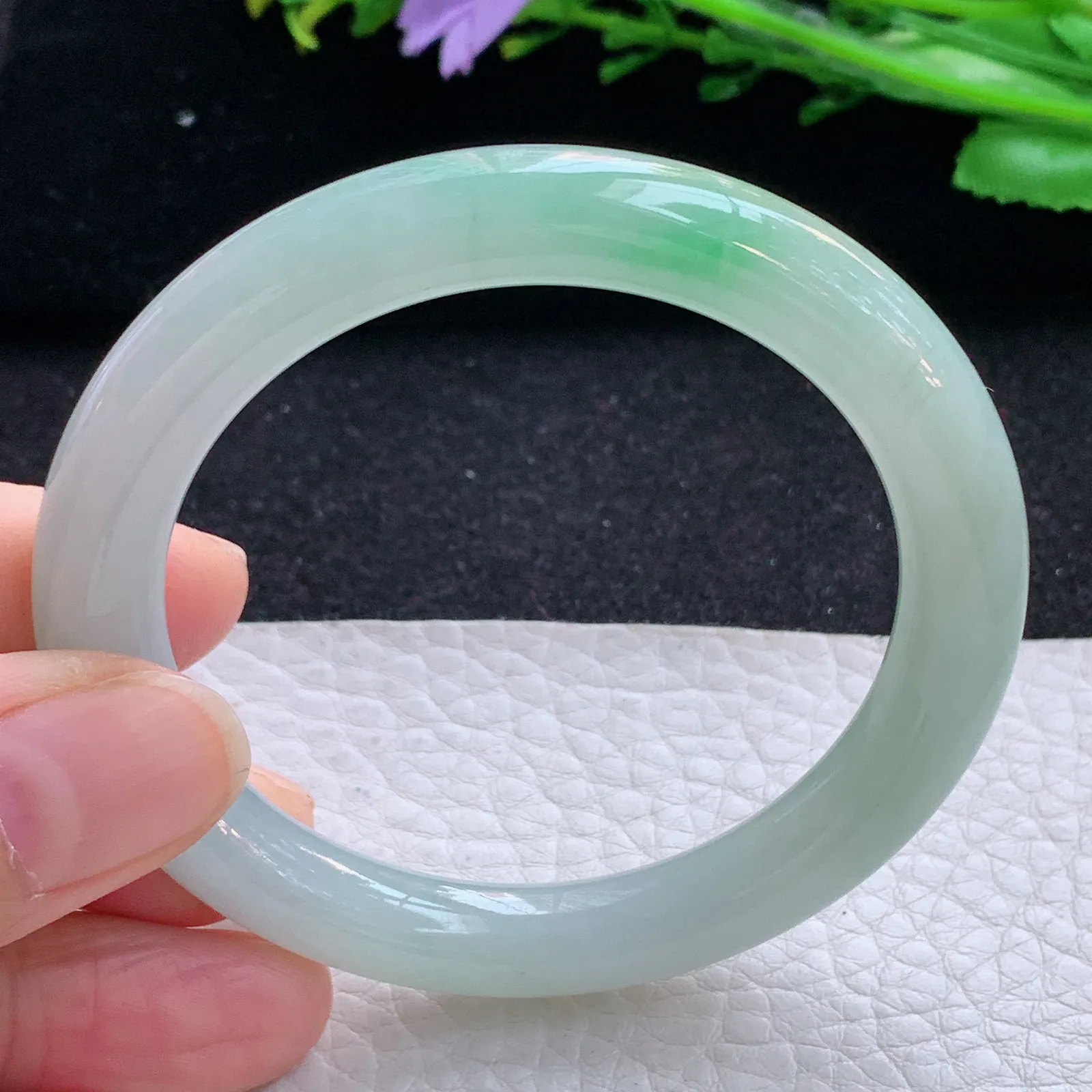 faa小圈口52.8*8.5叮当镯 缅甸翡翠a货玉手镯飘绿清新圆条玉手环 美人镯