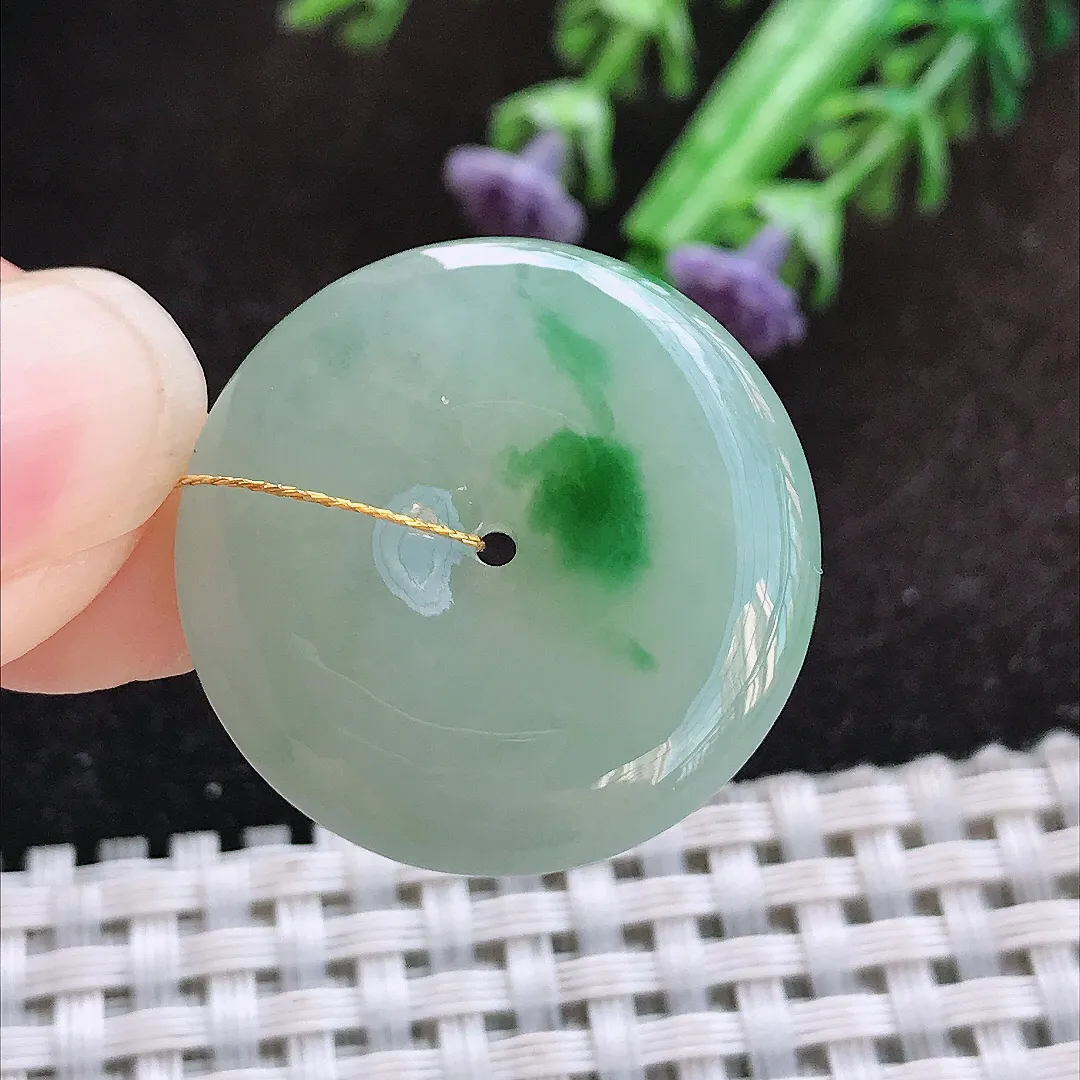 天然a货翡翠26.5/6.3老坑冰润起胶飘绿平安扣吊坠翡翠玉挂件