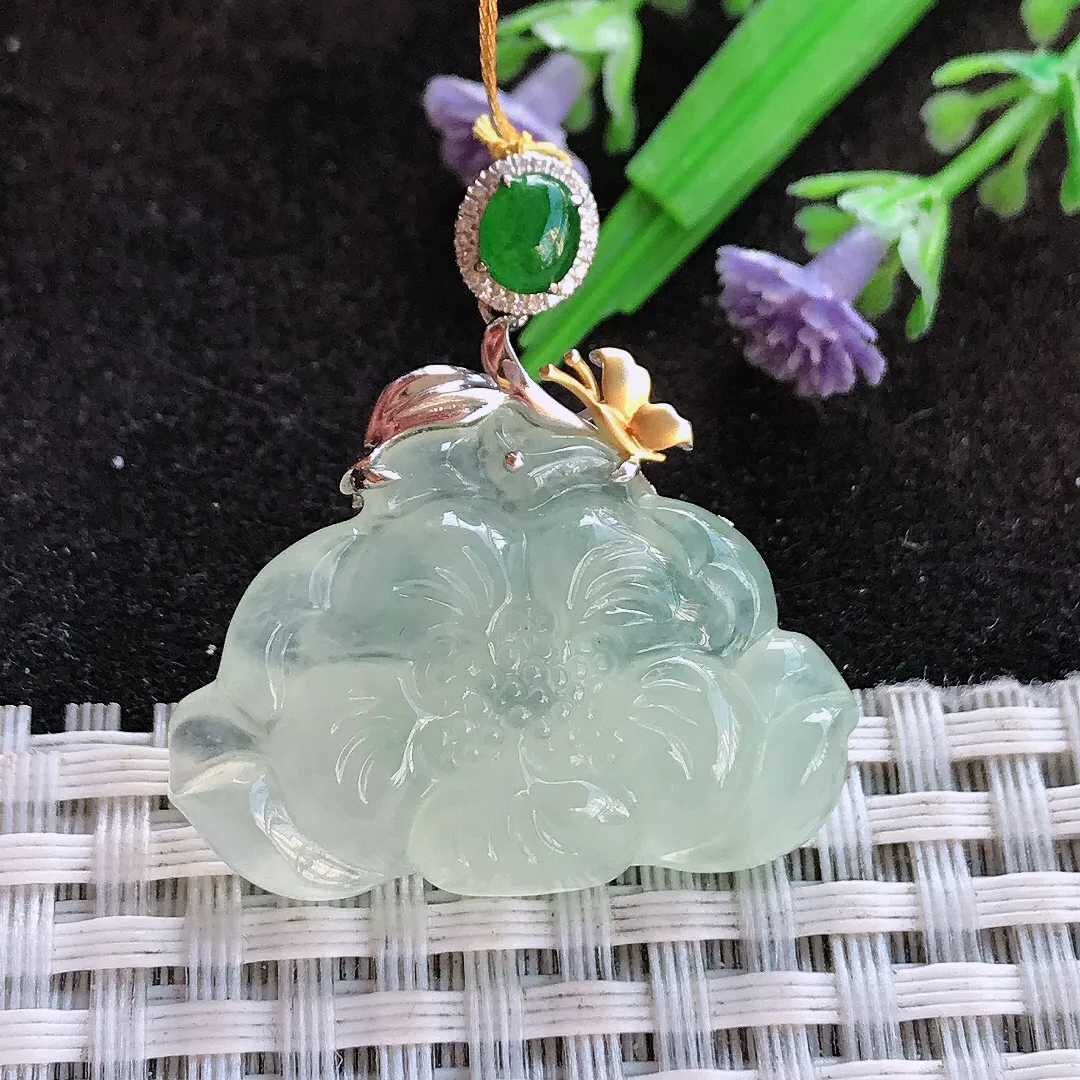 天然a货翡翠21/31/6.1老坑18k金镶嵌冰晴绿莲花吊坠翡翠玉挂件
