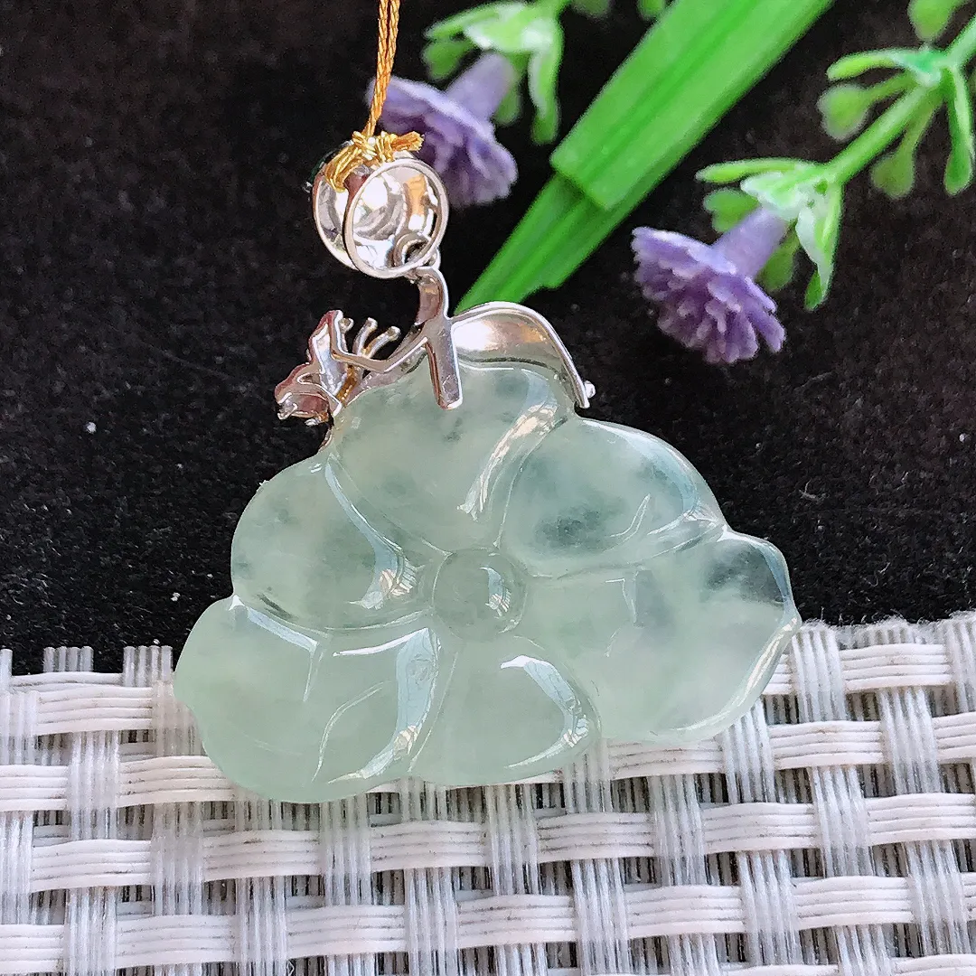 天然a货翡翠21/31/6.1老坑18k金镶嵌冰晴绿莲花吊坠翡翠玉挂件