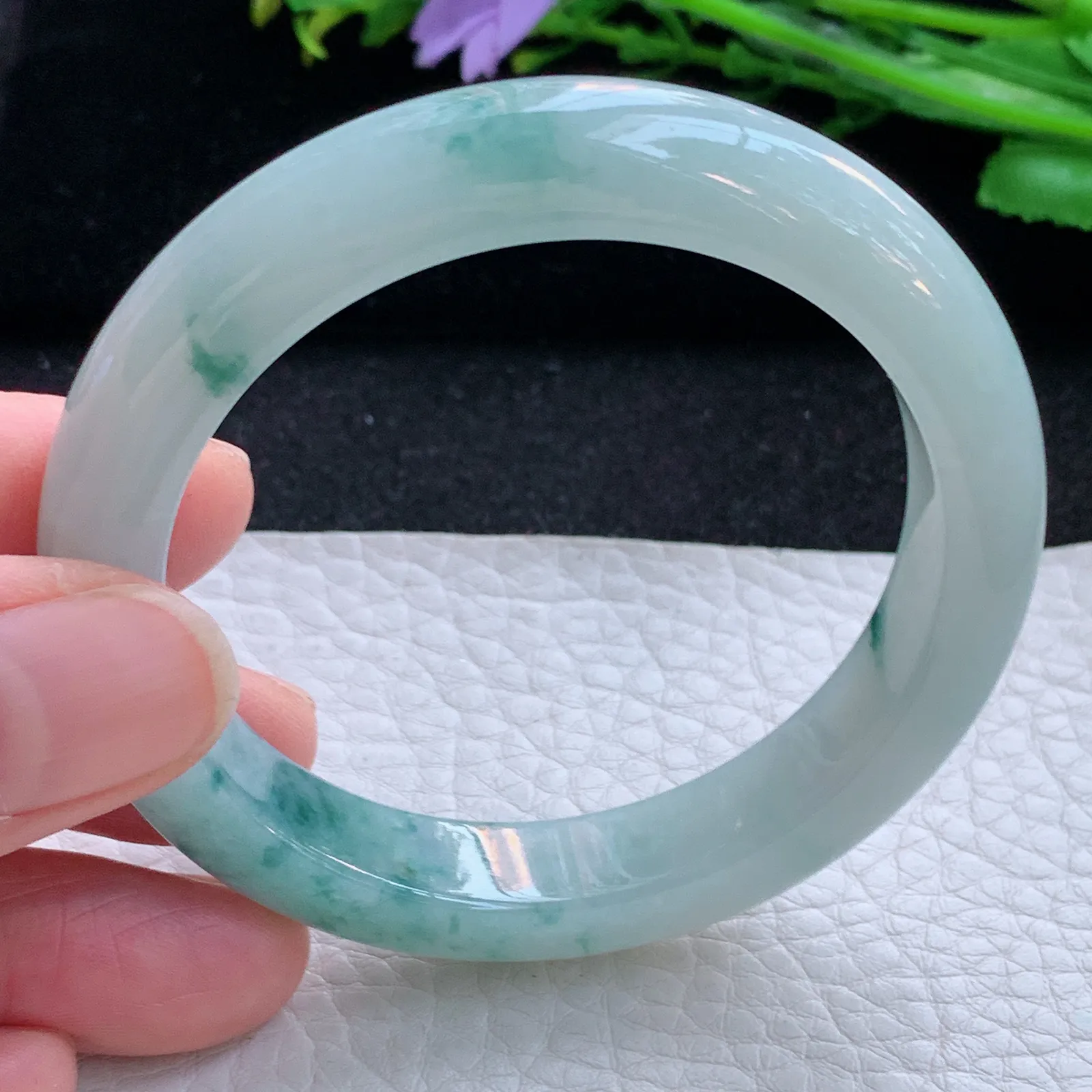 js小圈口52*10.8*8.2平安镯 缅甸翡翠a货玉手镯冰飘花宽边玉手环