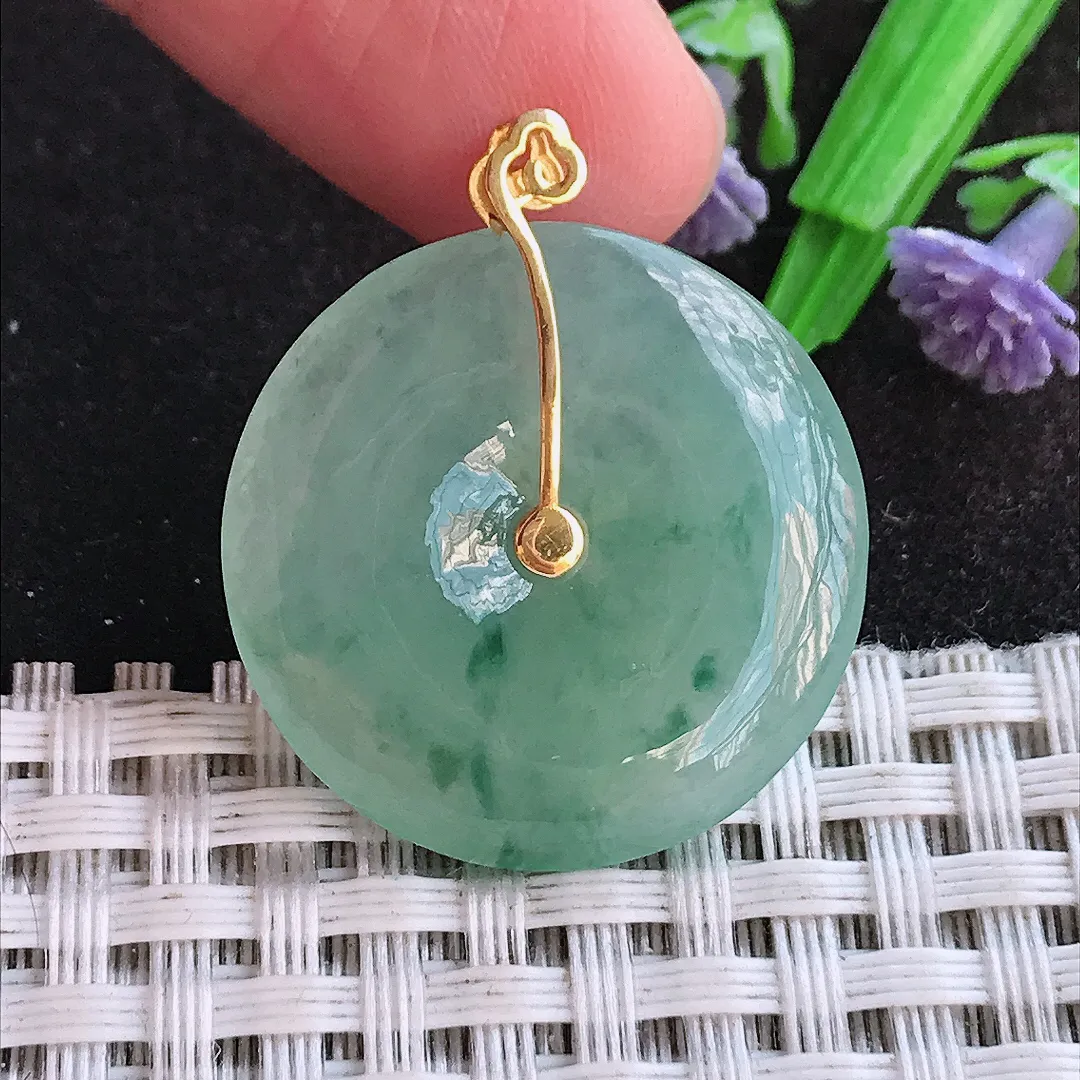 天然a货翡翠26/4.3老坑18k金镶嵌冰胶飘花平安扣吊坠翡翠玉挂件