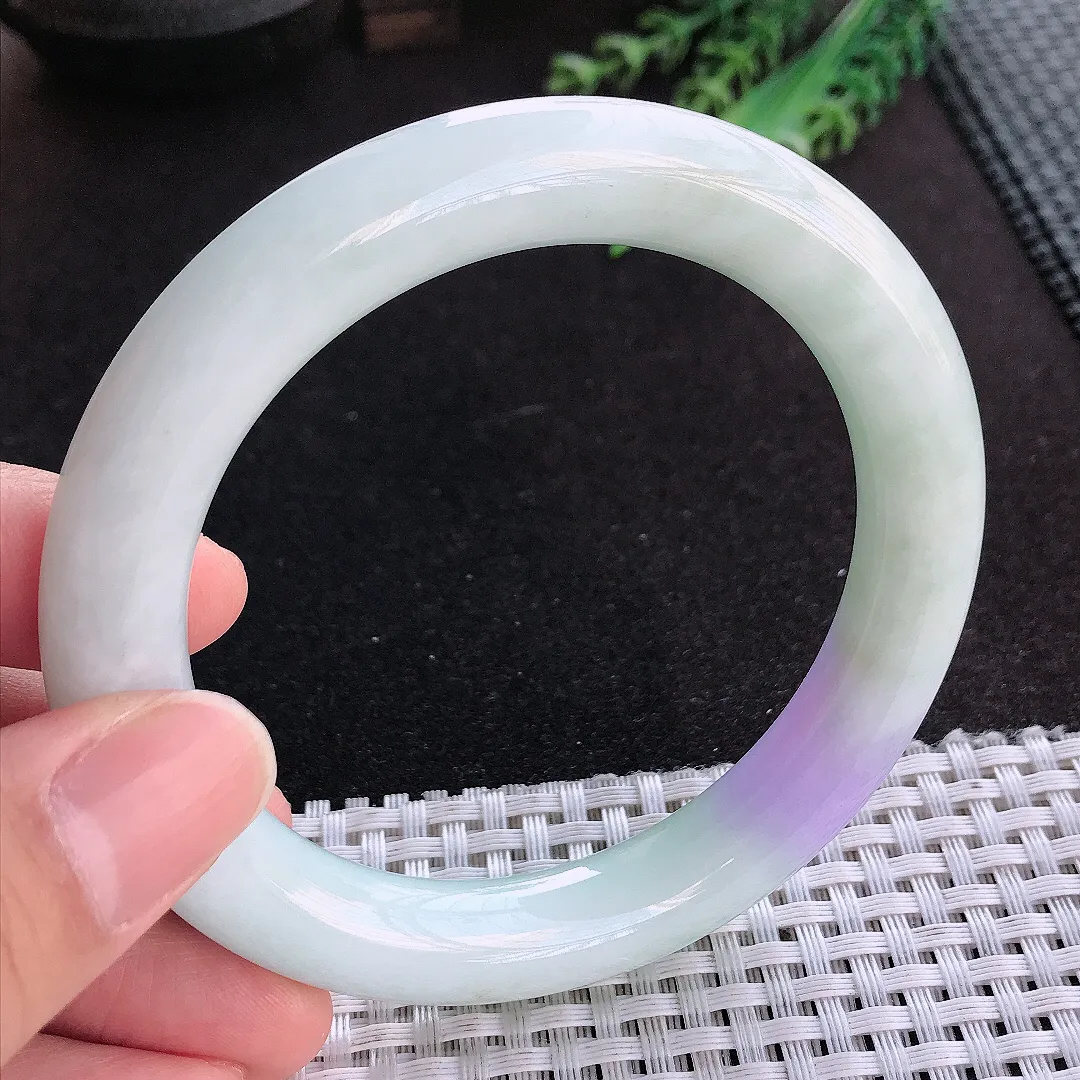 天然a货翡翠60/10.7/11老坑精美温润大圈口紫罗兰圆条手镯玉手镯