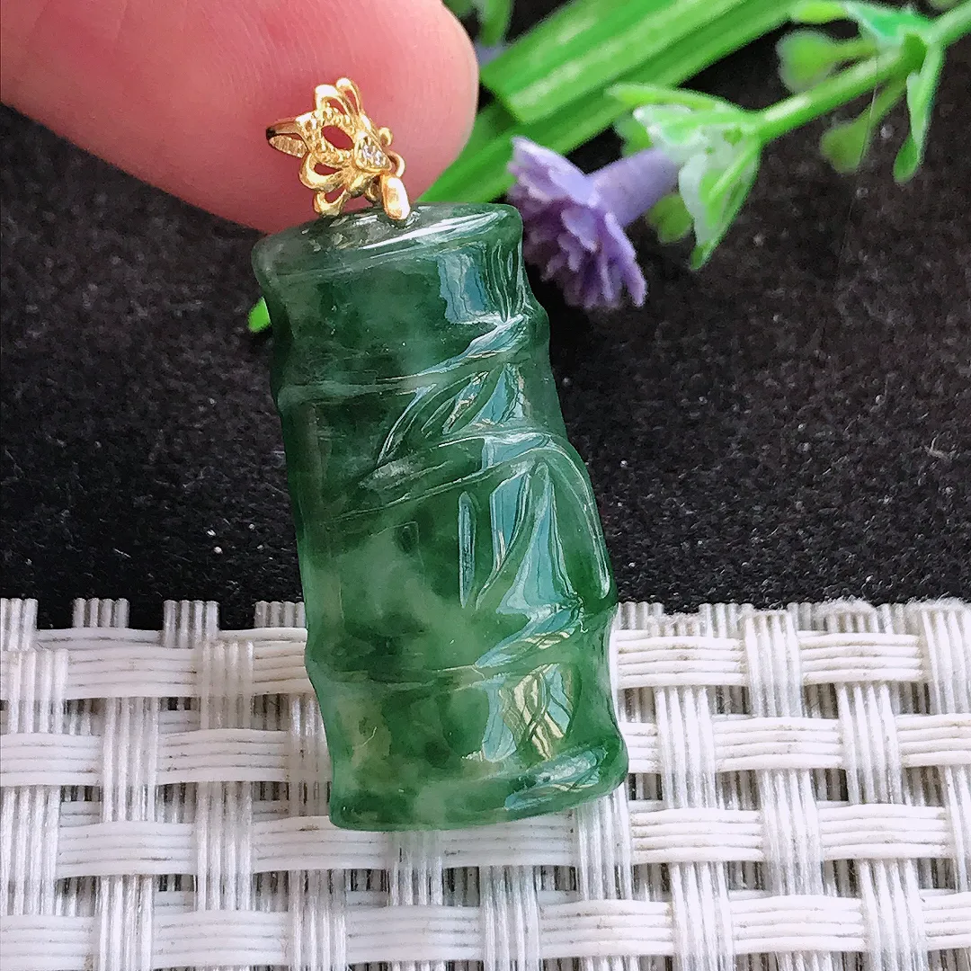 天然a货翡翠26.6/13.8/5.4老坑18k金镶嵌冰胶飘花竹节吊坠翡翠玉挂件