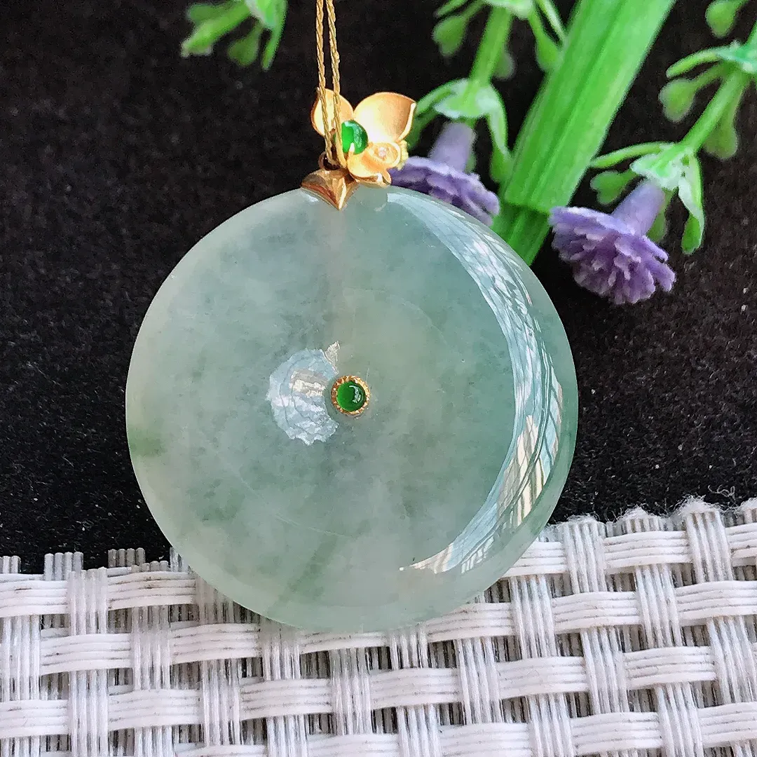 天然a货翡翠32.3/4.7老坑18k金镶嵌冰胶冰晴平安扣吊坠翡翠玉挂件