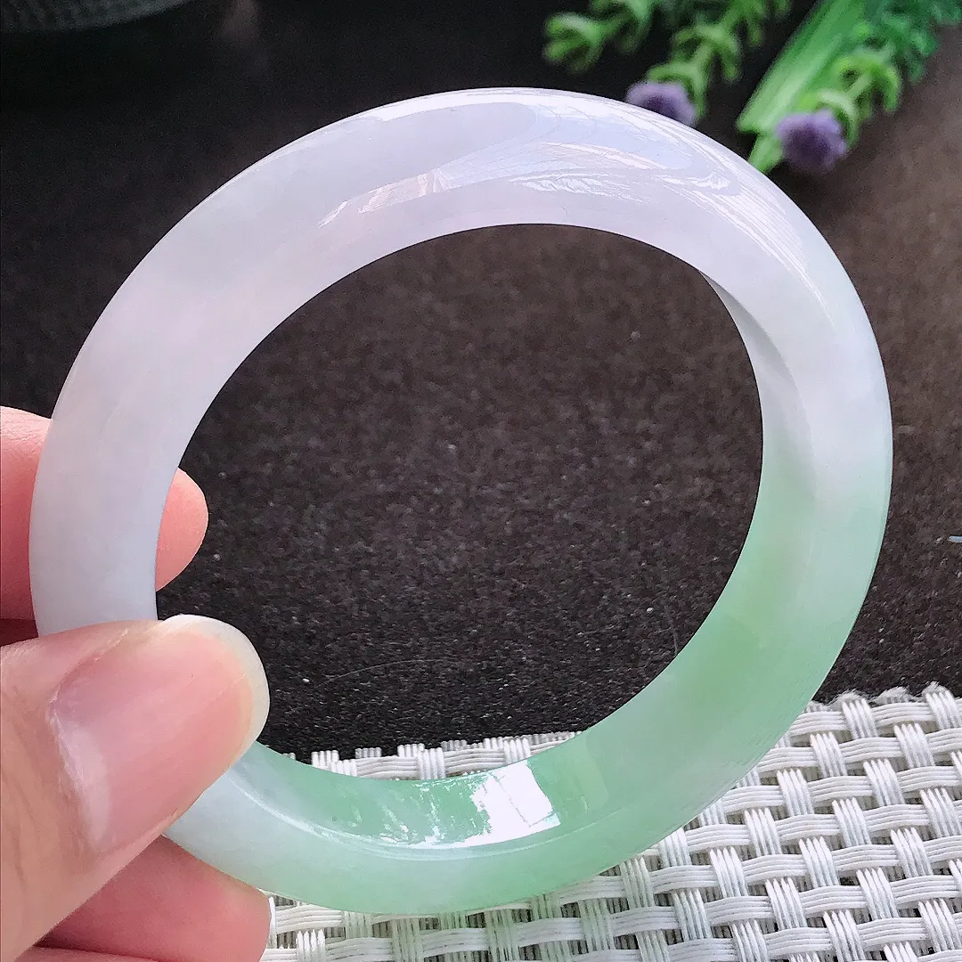 天然a货翡翠54/12/8.8老坑冰胶春带彩手镯宽边玉手镯