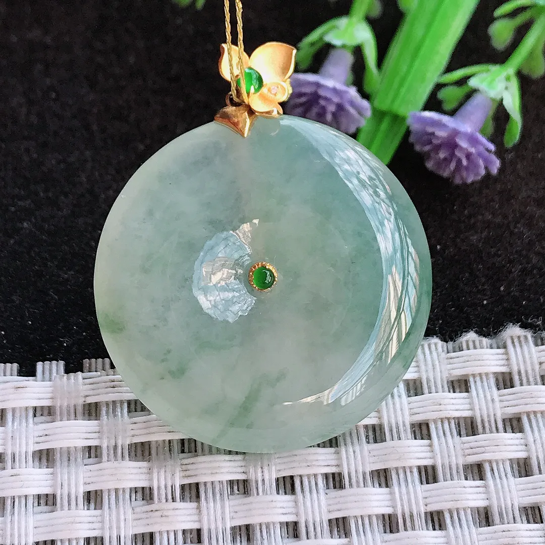 天然a货翡翠32.3/4.7老坑18k金镶嵌冰胶冰晴平安扣吊坠翡翠玉挂件