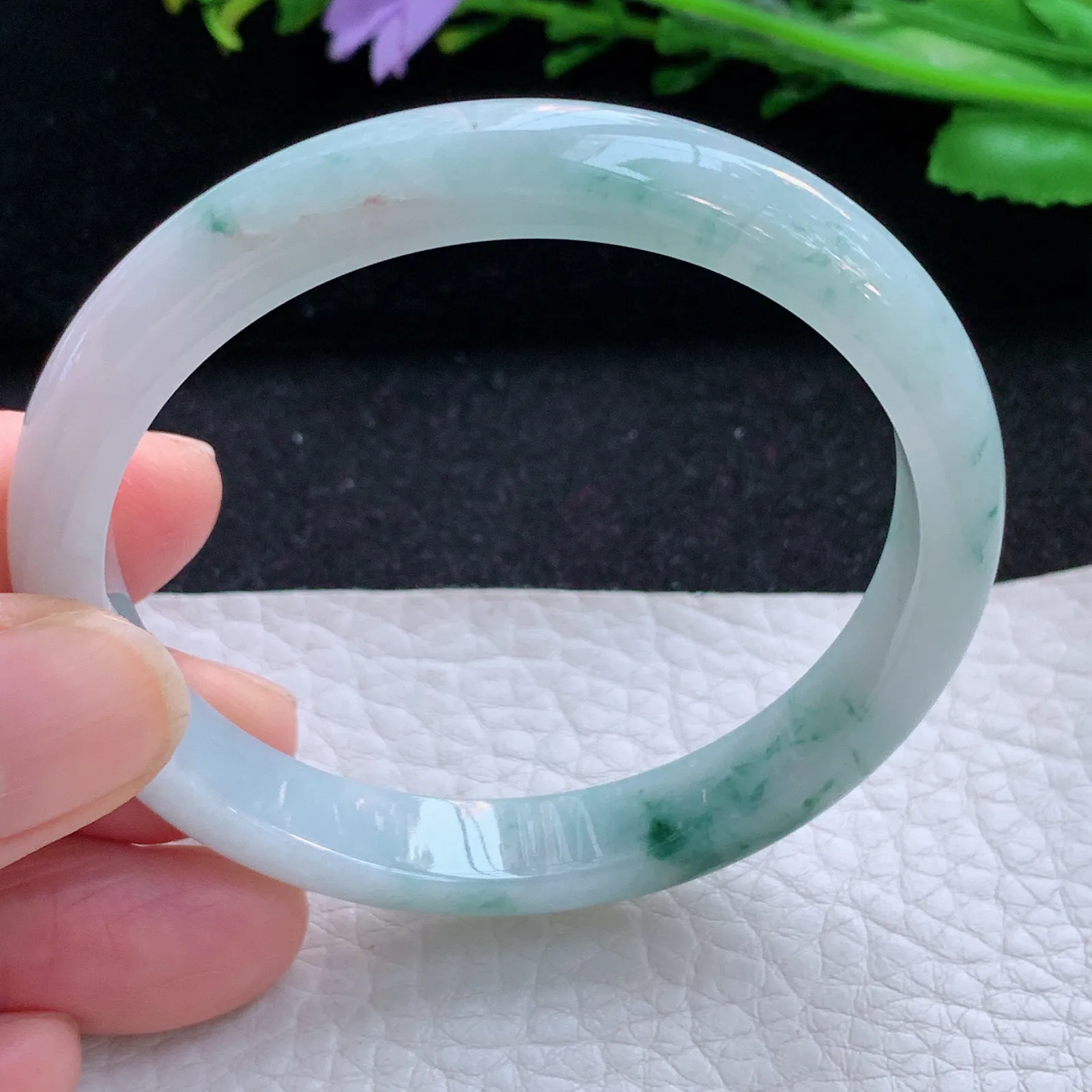 js小圈口52*9*6.2平安镯 缅甸翡翠a货玉手镯冰飘花秀气宽边玉手环