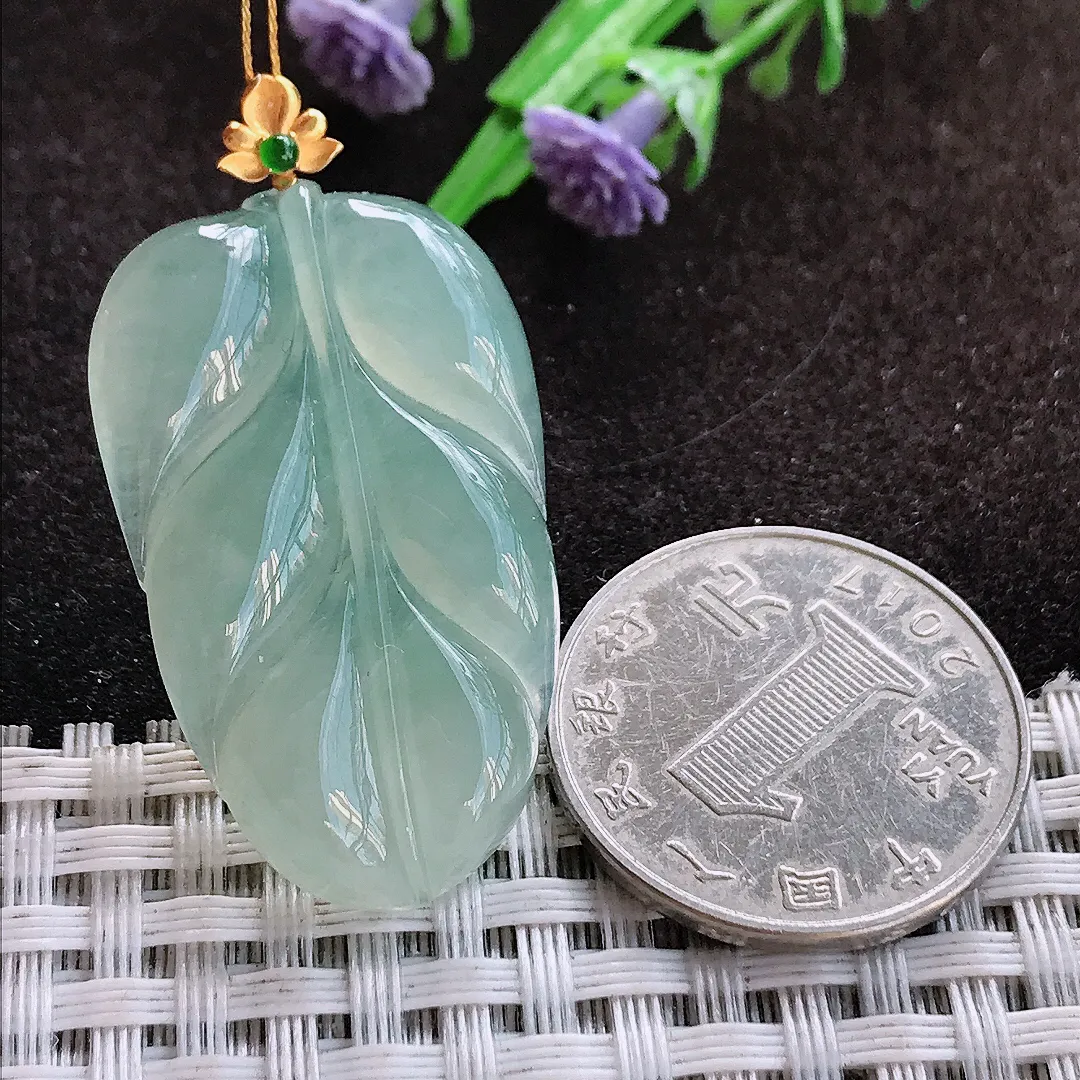 天然a货翡翠36.6/22.4/5.2老坑18k金镶嵌冰胶果冻冰晴叶子吊坠翡翠玉挂件