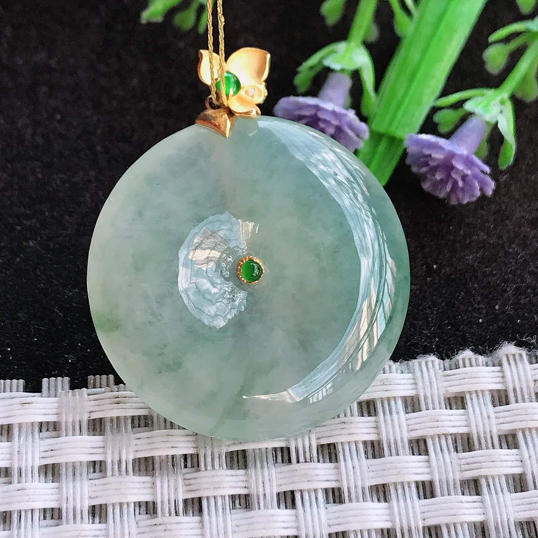 天然a货翡翠32.3/4.7老坑18k金镶嵌冰胶冰晴平安扣吊坠翡翠玉挂件