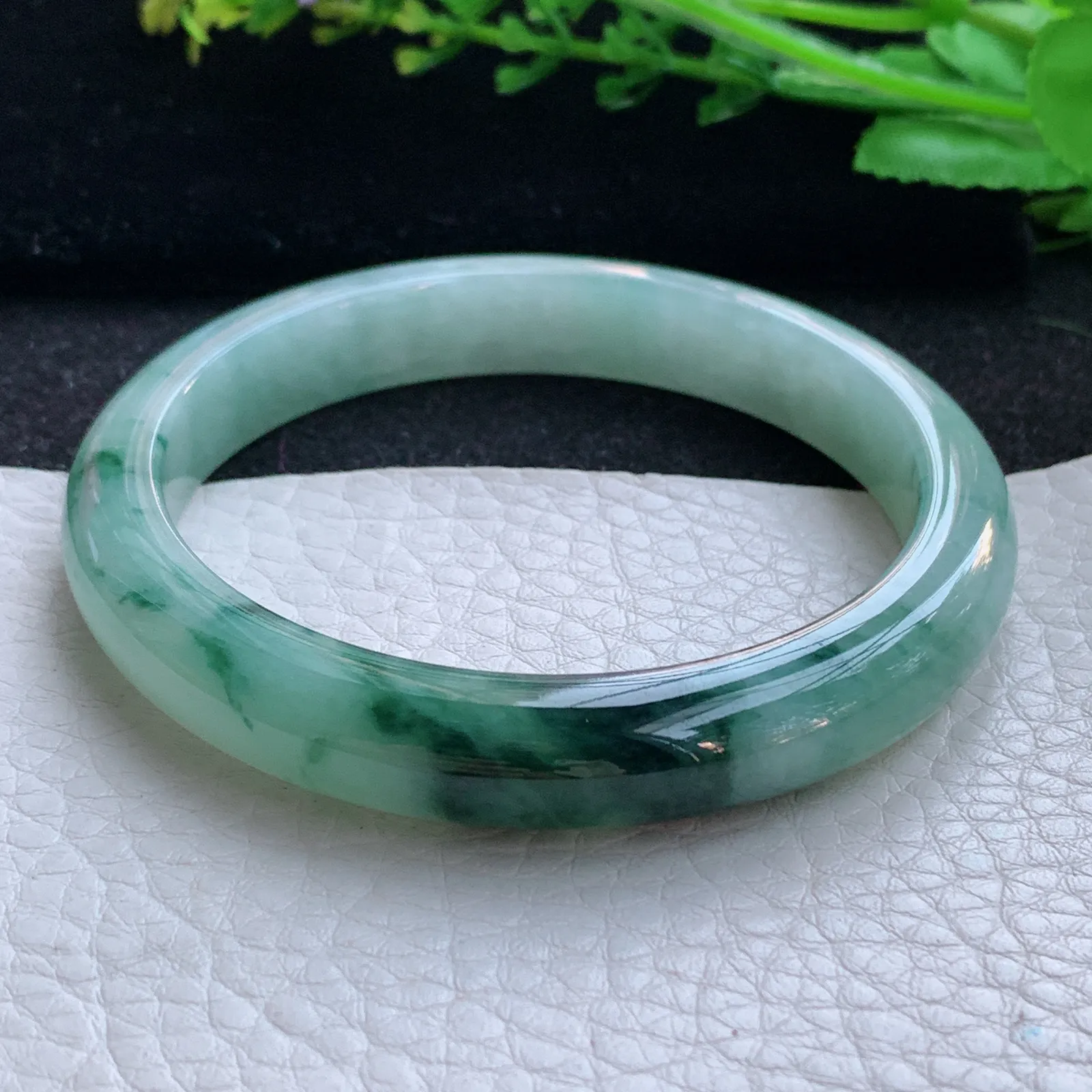 hy自然光58*10.3*7.8平安镯 缅甸翡翠a货玉手镯冰飘花秀气宽边玉手环