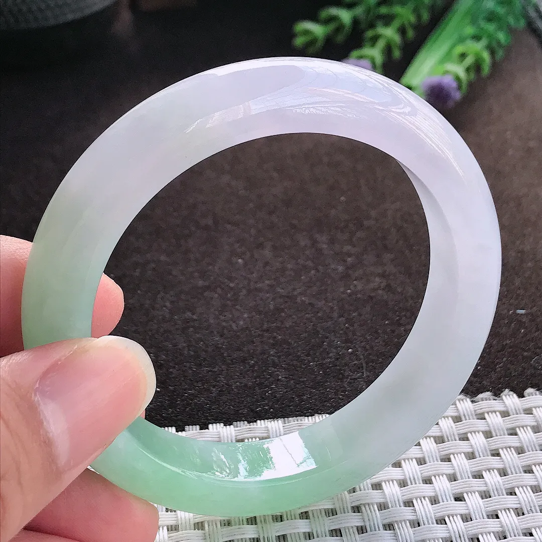 天然a货翡翠54/12/8.8老坑冰胶春带彩手镯宽边玉手镯