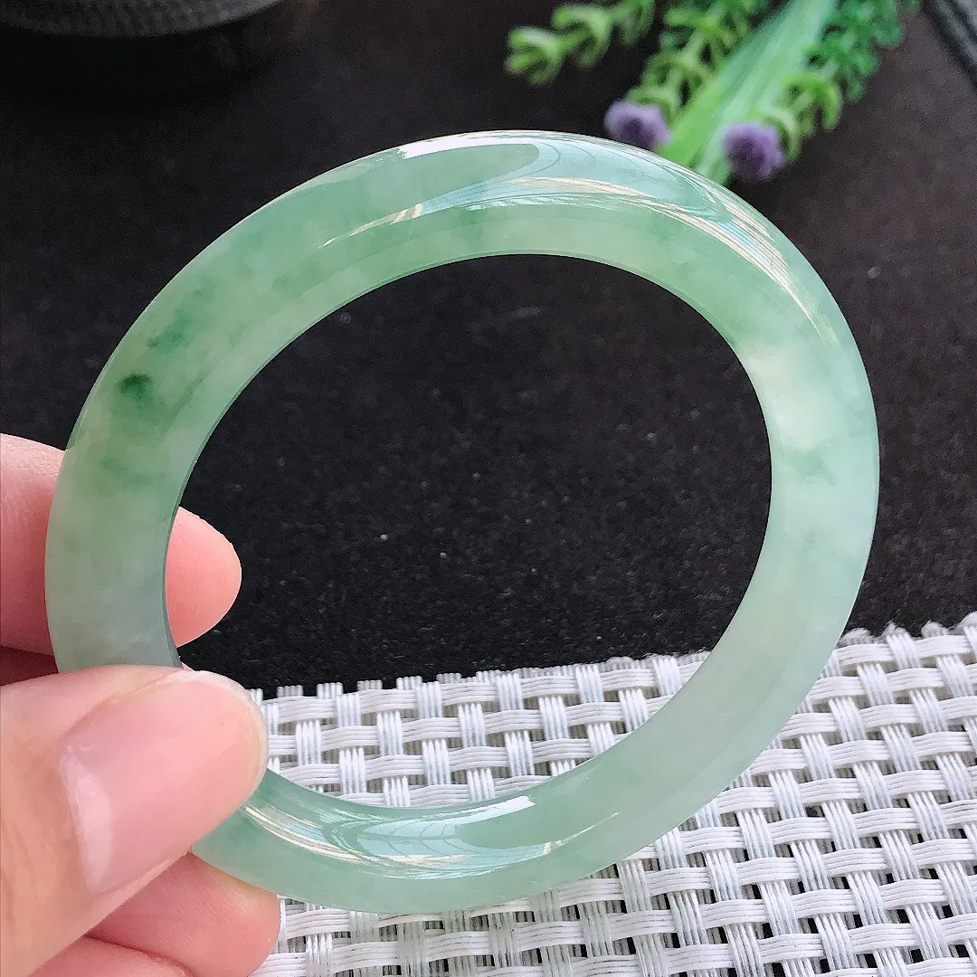 天然a货翡翠52.5/9.3/9.2老坑冰胶果冻冰晴绿圆条手镯小圈口玉手镯